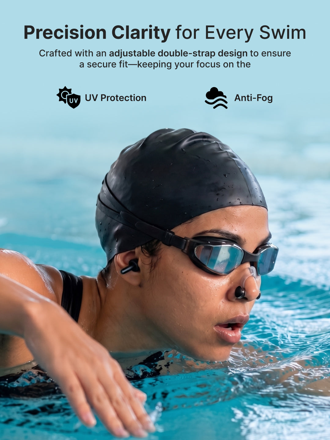 Cult Premium Swimming Kit, Anti-Fog Goggles, Silicone Swim Cap, Nose Clip, Ear Plugs & Premium Carry Box, Black