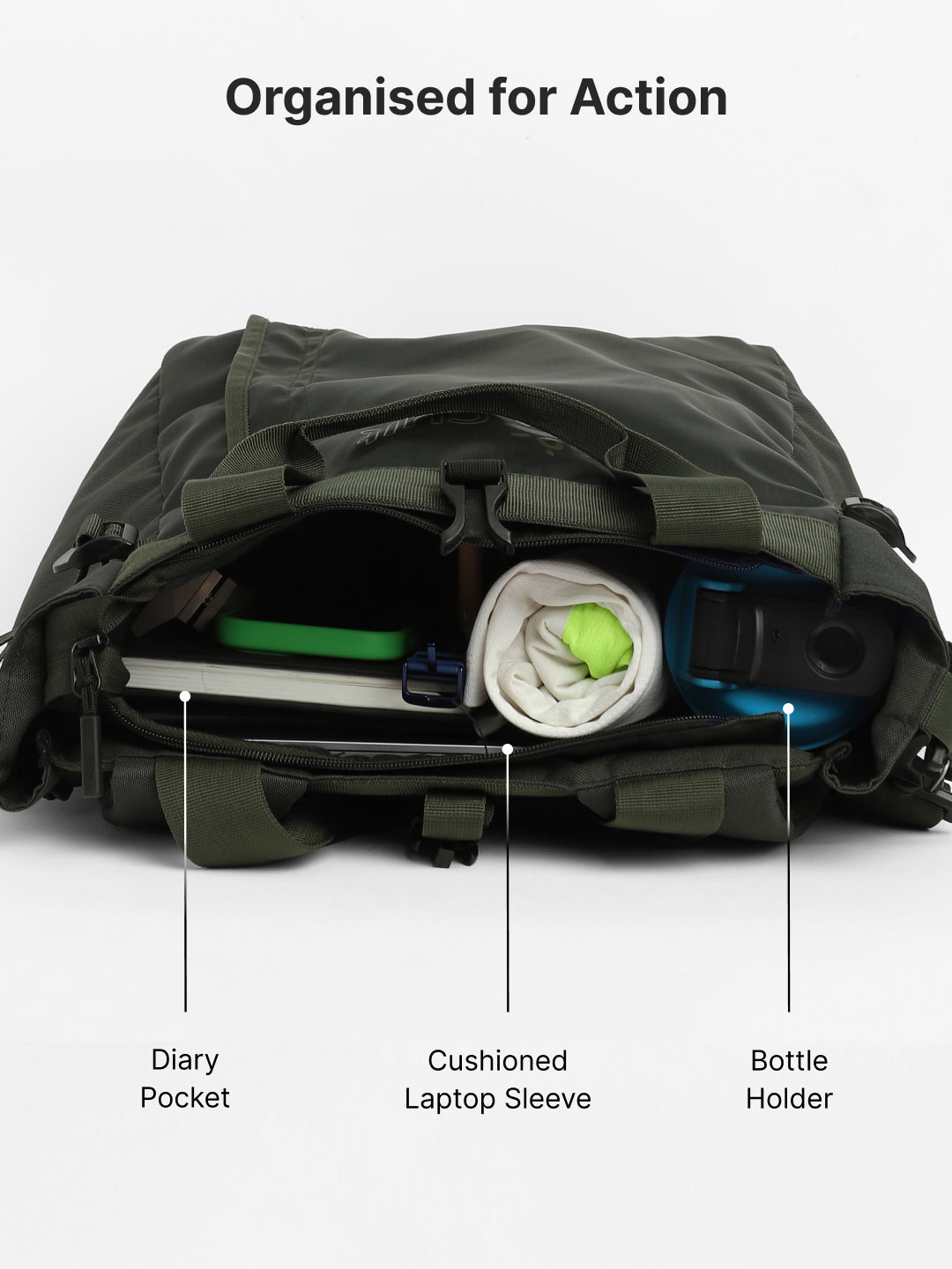 Work to Play Laptop Backpack 35L - Water-Repellent, Multi-Functional Bag with Trolley Sleeve & Shoe Cover Olive