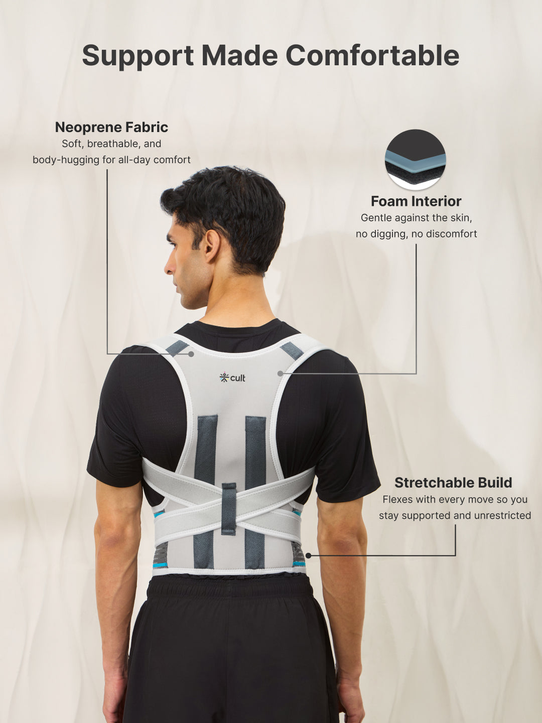 CULT Align Pro Posture Corrector Grey Neoprene Foam Back Support Belt for Men & Women Adjustable Spine & Shoulder Brace Breathable, All-Day Comfort Upper Back, Neck & Shoulder Alignment Support