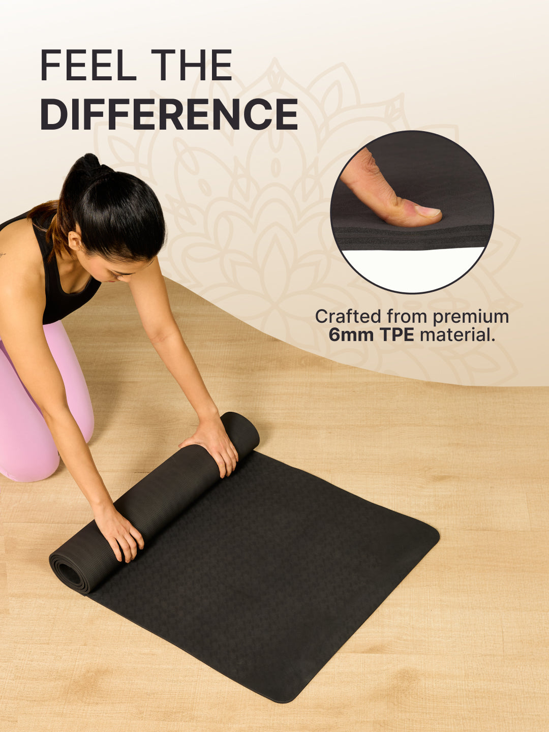 CULT TPE Yoga Mat 6mm with Carry Bag & Strap   Eco-Friendly, Non-Slip, Lightweight & Durable Exercise Mat for Yoga, Pilates, Meditation & Home Workouts   Black