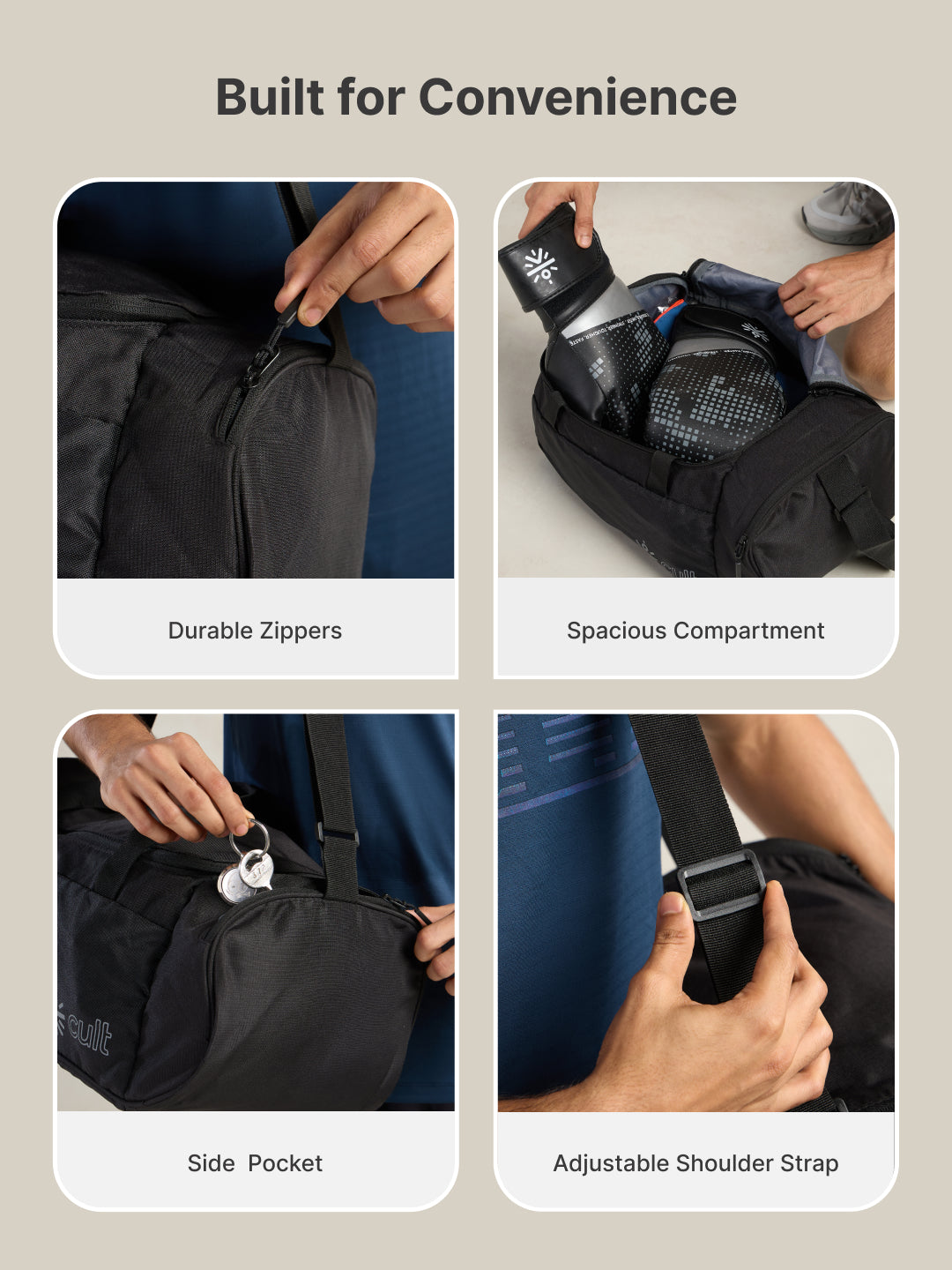 cult 25 Litre Gym/Duffle Bag for Men & Women Duffle Bag with Side Pocket & Shoulder Strap Comfortable Handle Black