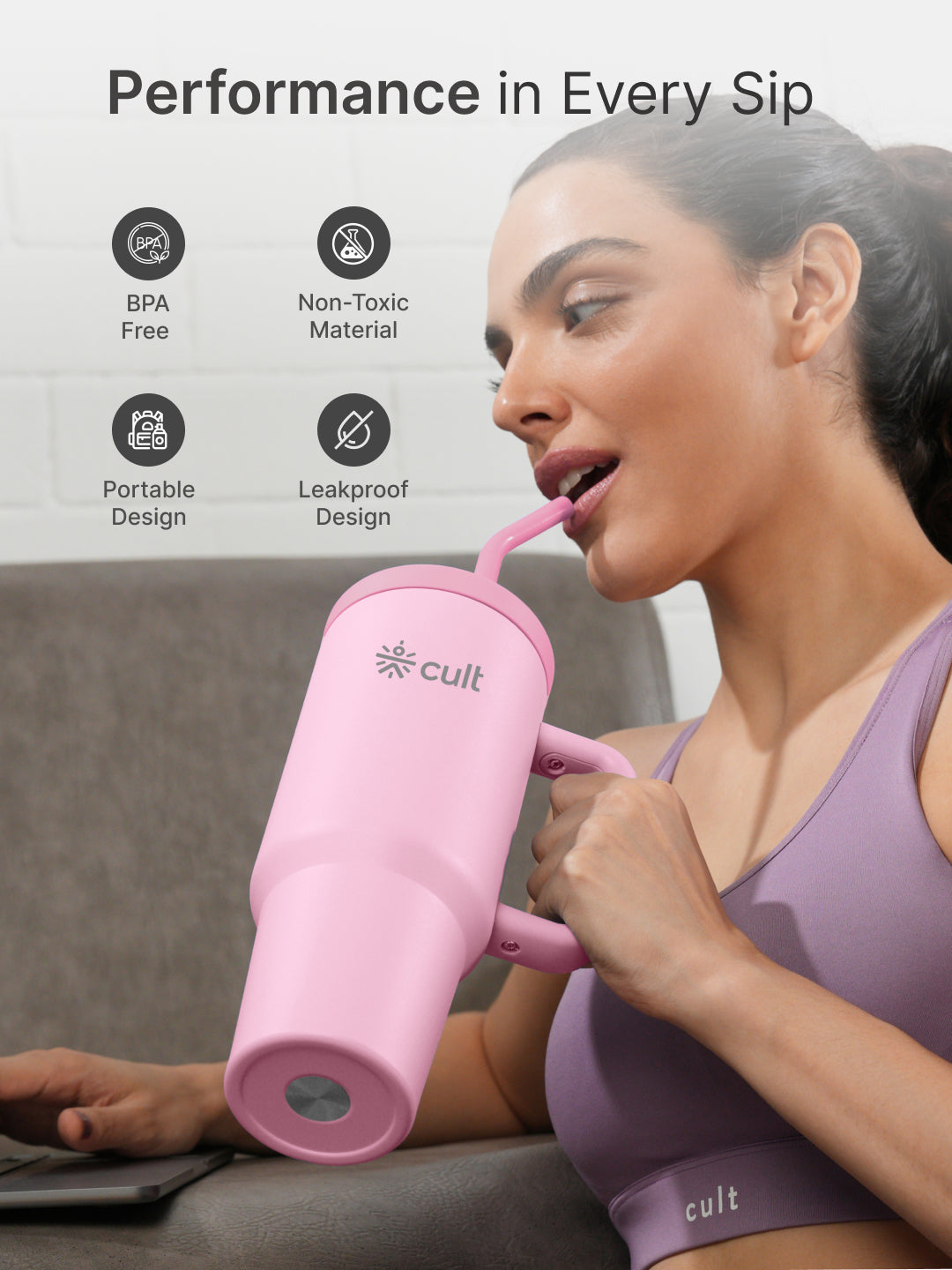 cult Tumbler 1200ML Steel Straw with Straw Cap and Cleaner Unisex Pink