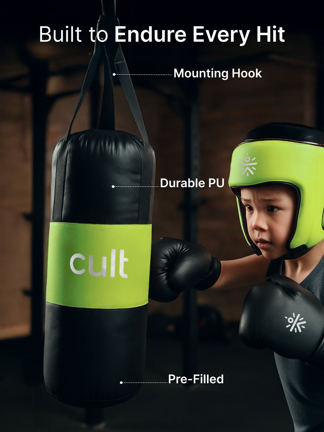 cult Kids Boxing Kit - Punching bag, Boxing Gloves and Head gear Green