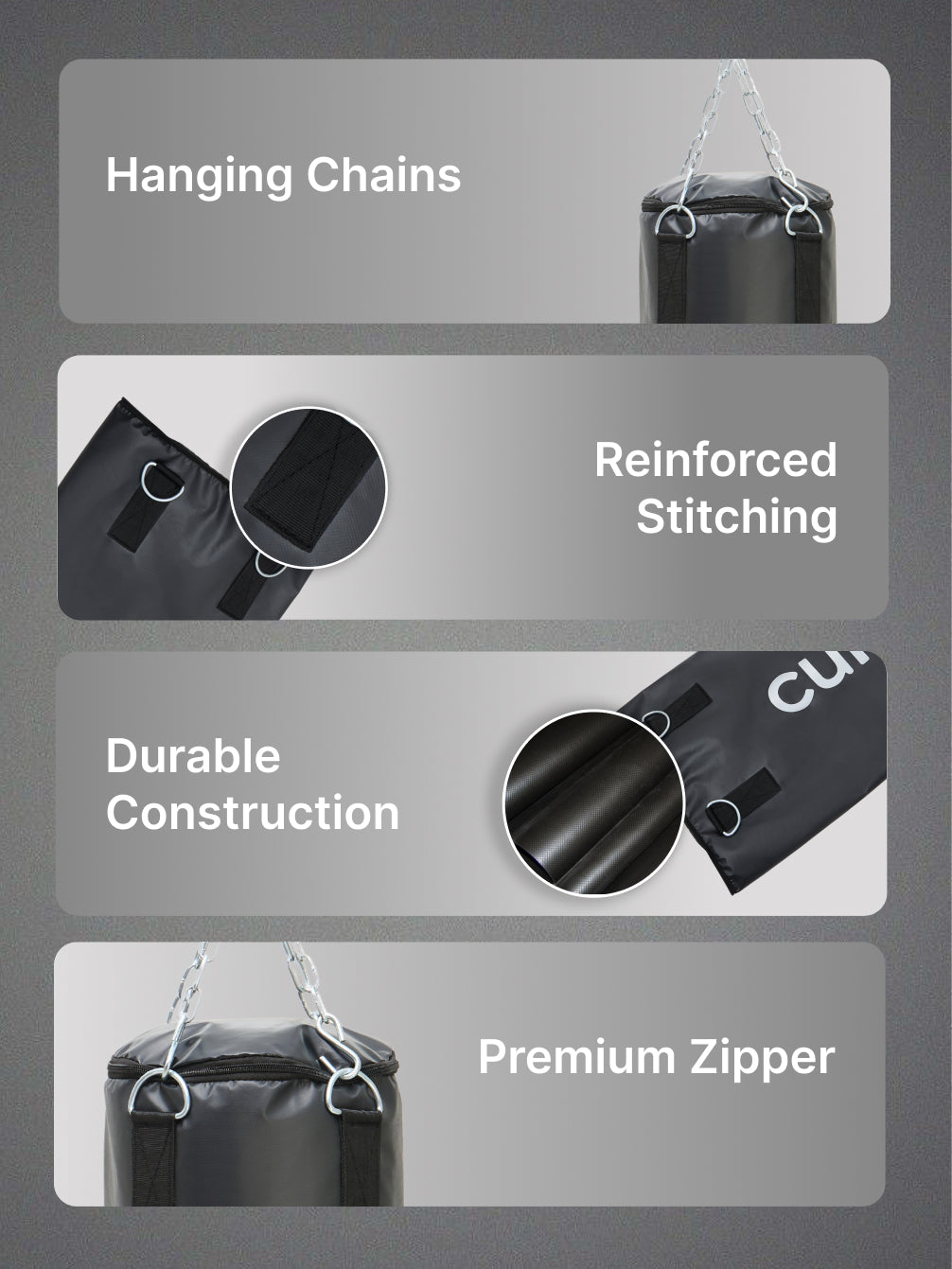 cult Punching Bag Combo for Men & Women 3ft Heavy Bag with Hand Wraps Reinforced Stitching Durable Construction Hanging Chain Unfilled Easy to Install Black