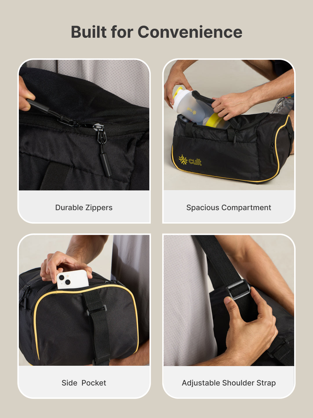 cult 25 Litre Gym Duffle Bag Black Yellow Unisex with Multipockets