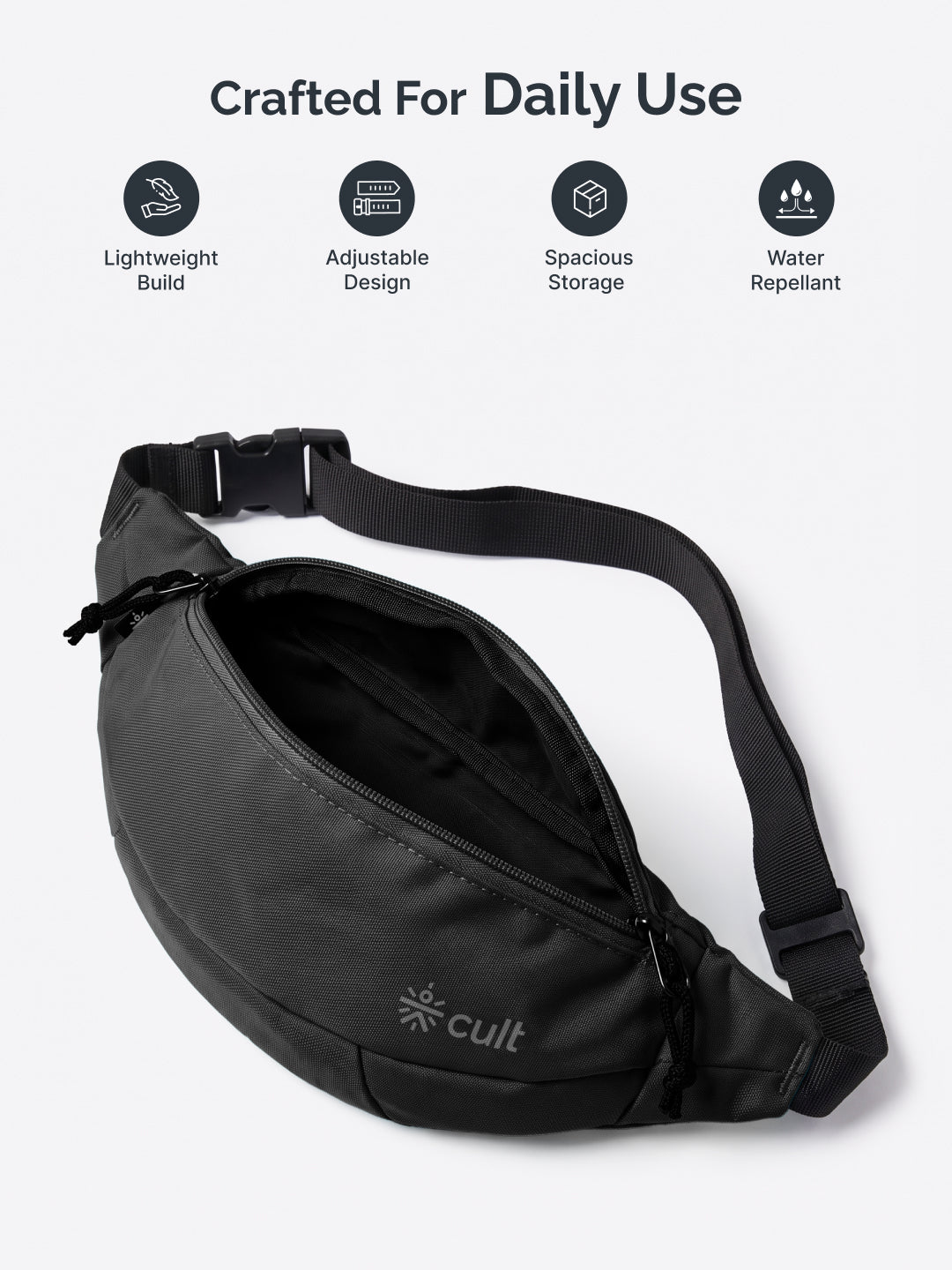 Cult Waist Bag for Men & Women, Compact Fanny Pack with Dual Compartments, Adjustable Strap, Water-Repellent Travel, Running & Everyday Carry Bag – Black
