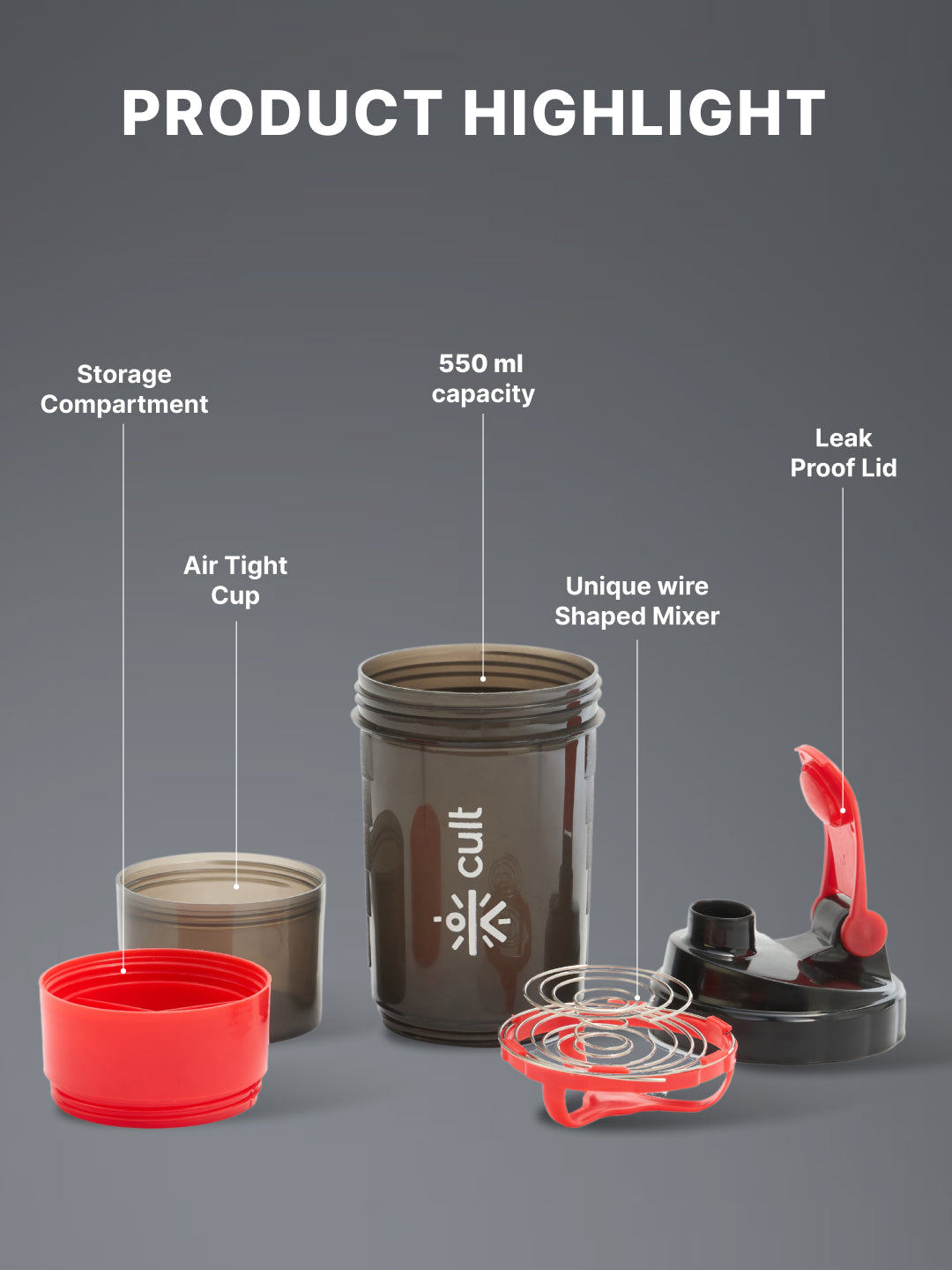 cult Gym Spider Shaker Bottle 550ml Shaker for Protein Shake 2 Storage Compartment Gym Protein Shaker For Workout Shaker Bottle For Men & Women Black Red