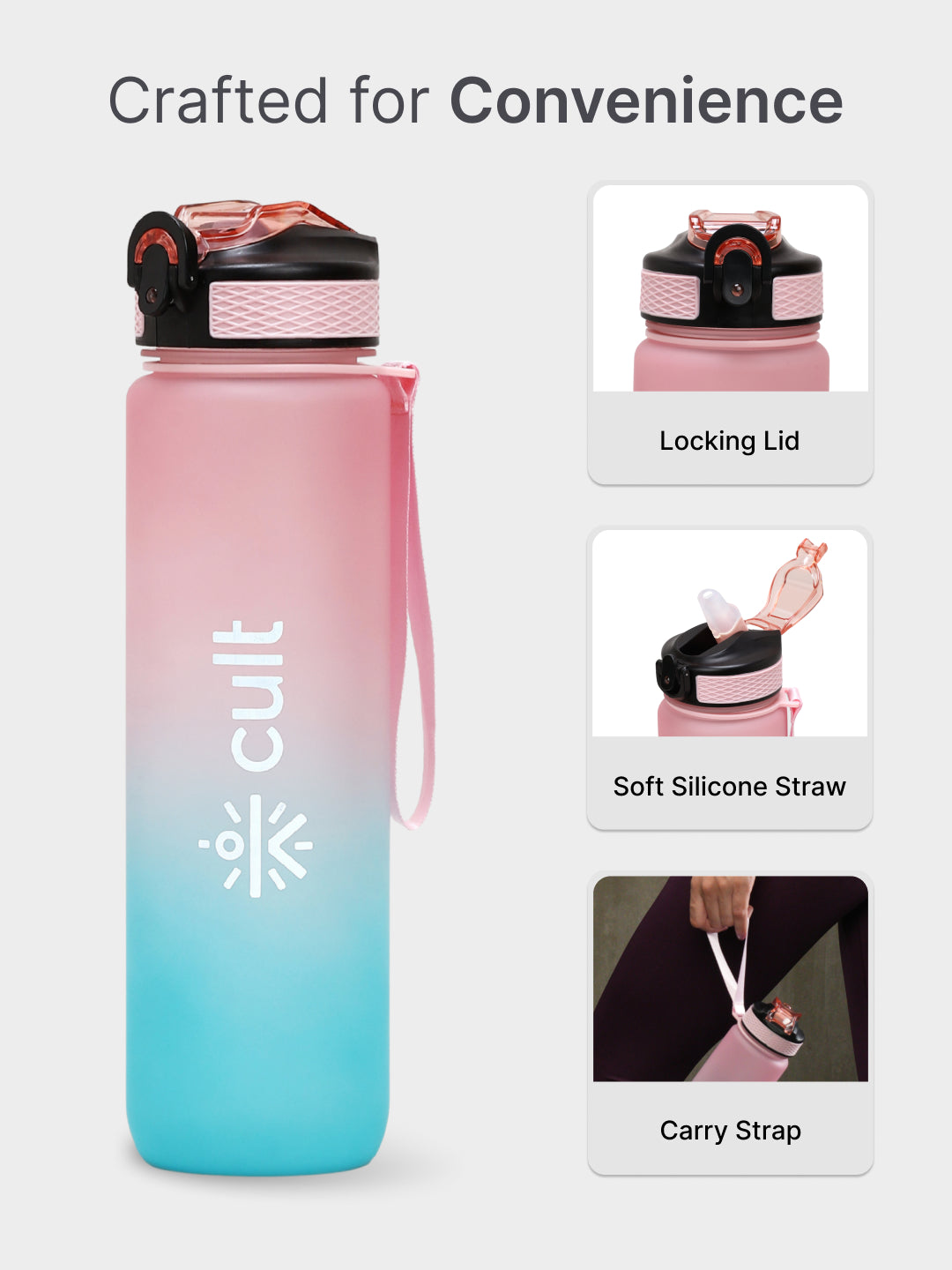 cult Motivational Bottle 1L Unisex Time Mark Sipper with Straw Blue Pink