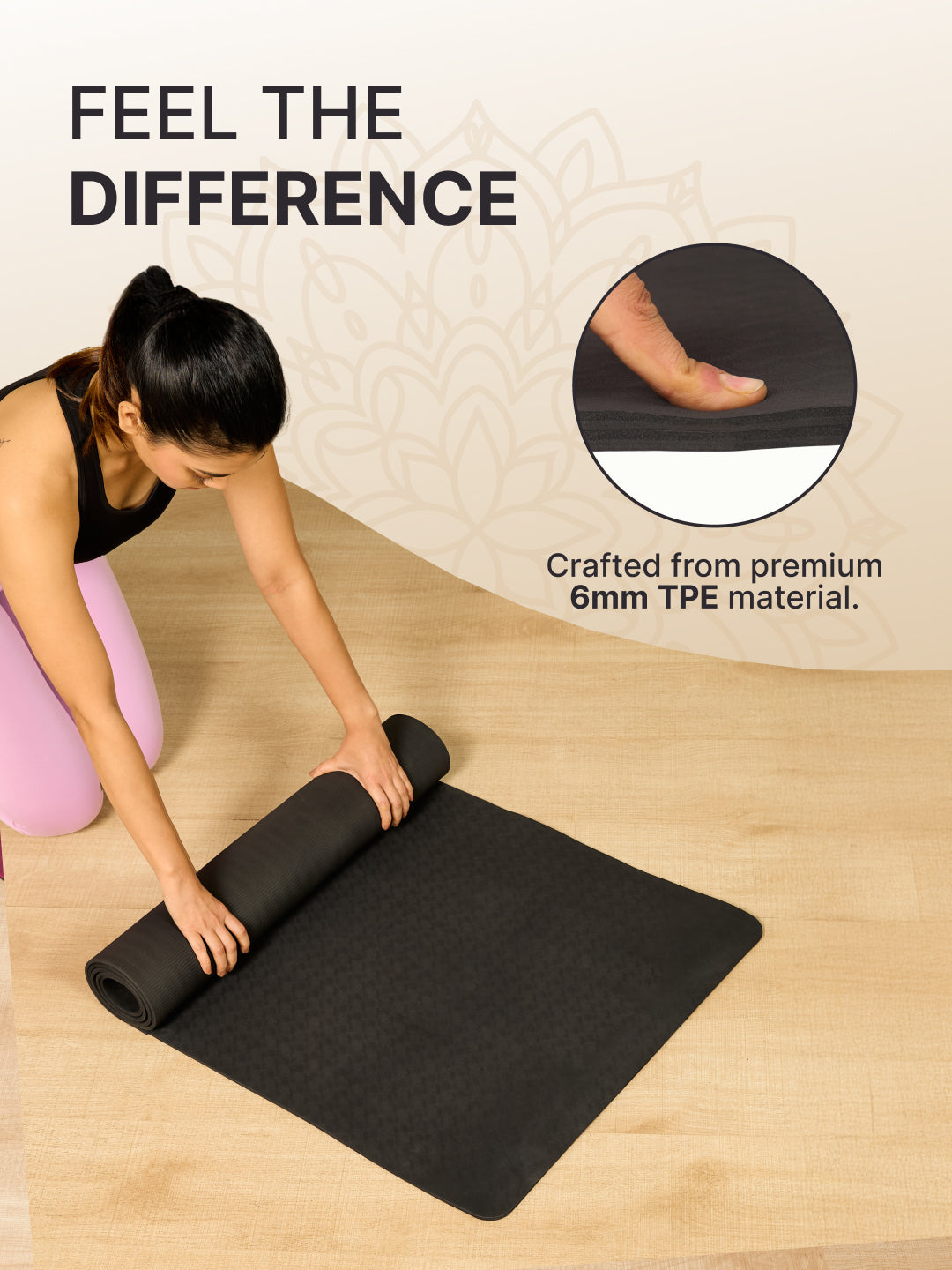 TPE 6mm Yoga Mat Black with Carry bag & Yoga Wheel Grey & Yoga Belt Black
