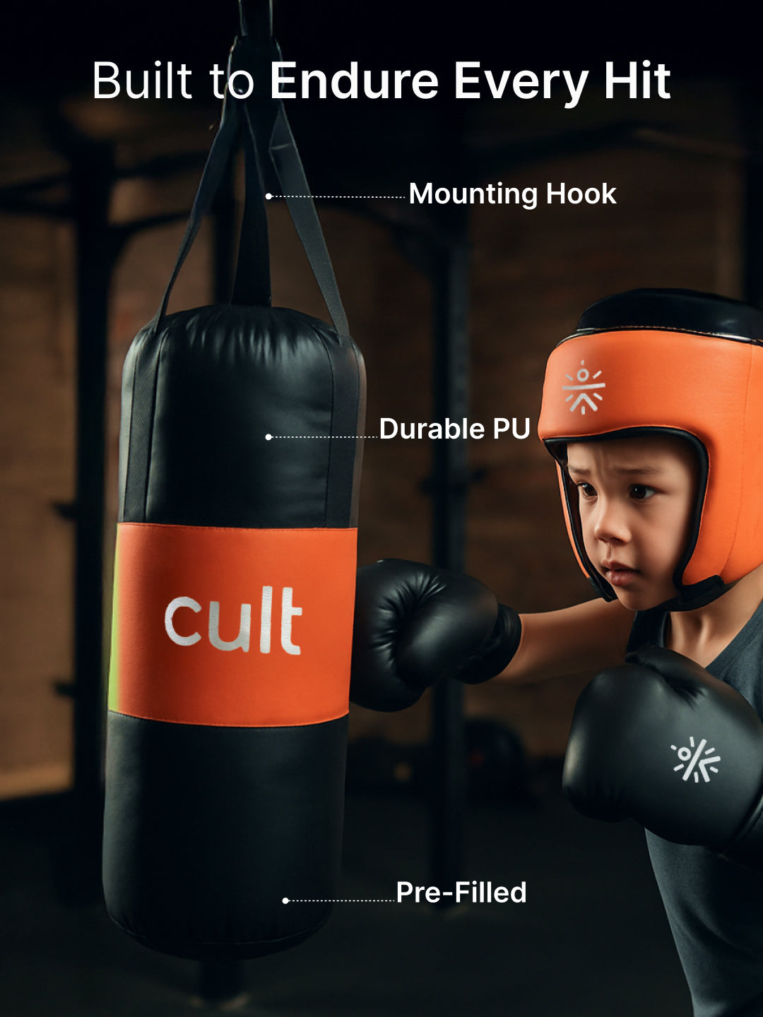 cult Kids Boxing Kit - Punching bag, Boxing Gloves and Head gear Orange