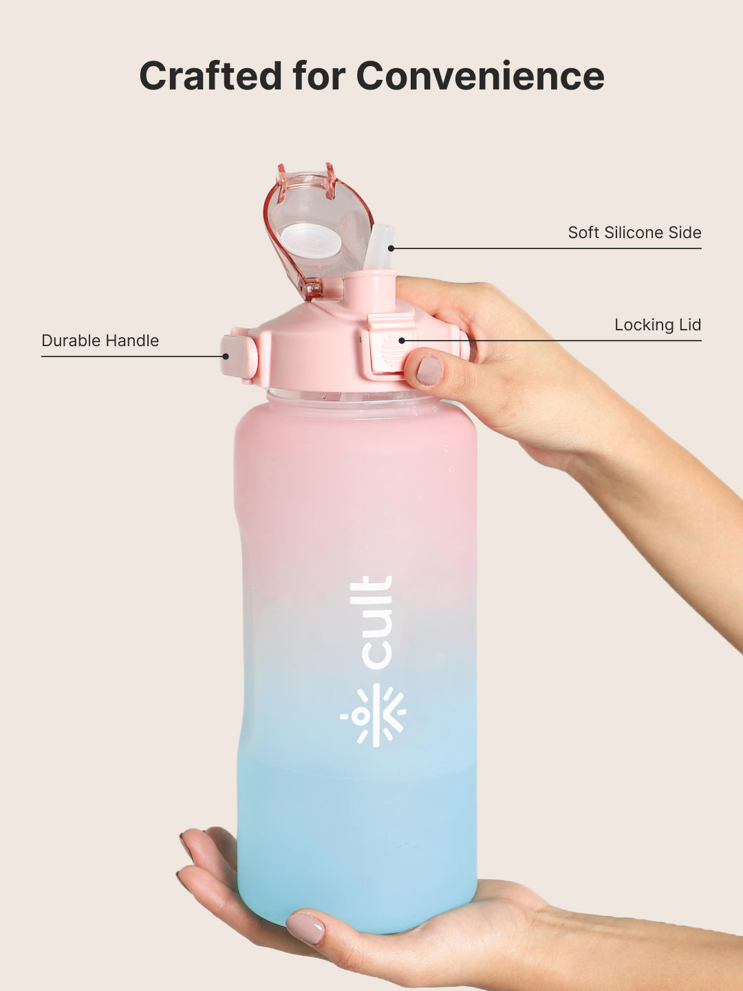 CULT Motivational Water Bottle 2L with Time Marker & Straw Large BPA-Free Gym Sipper Bottle, Portable Sports Water Bottle for Men & Women (Pink Blue)