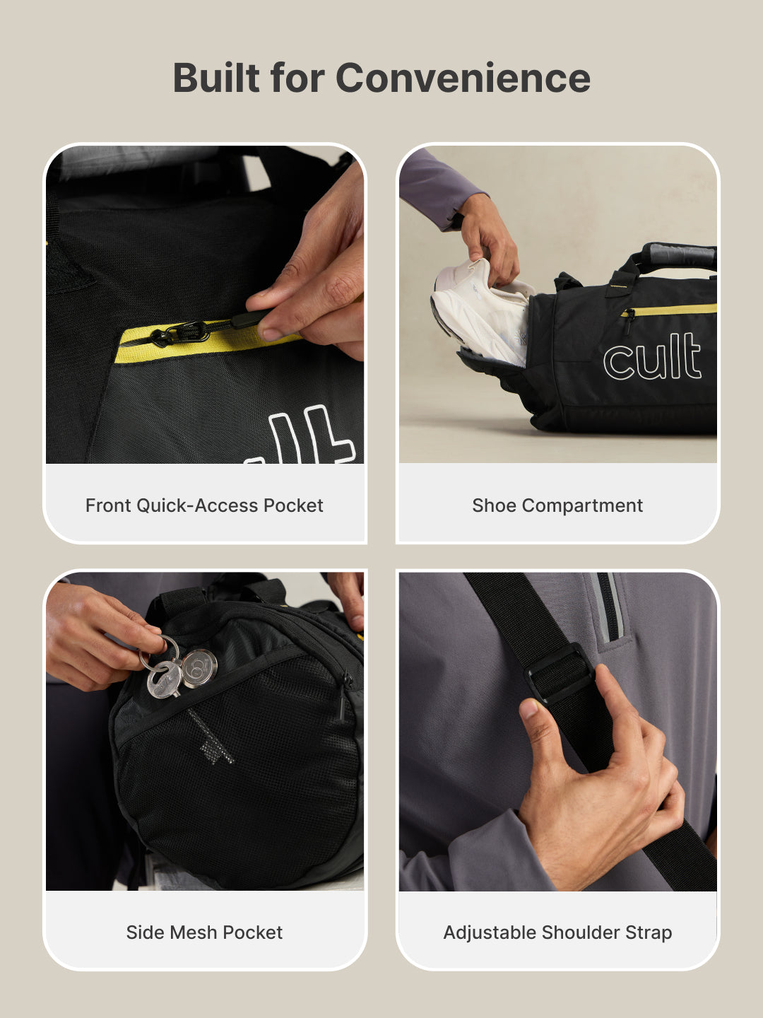 Cult Unisex Black Duffle Bag with Shoe Compartment