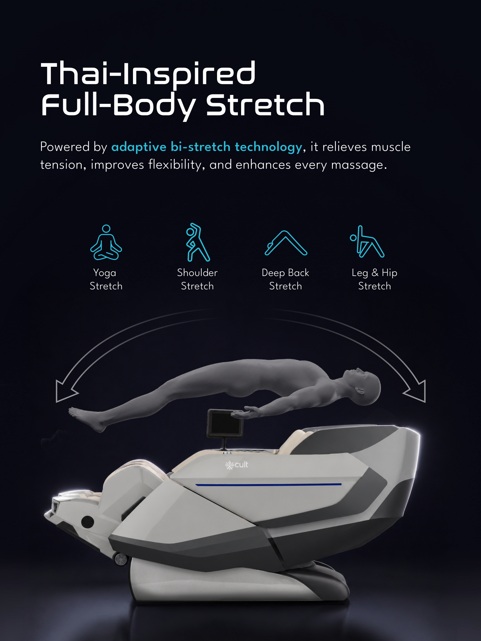 Cult Tranquil Massage Chair | Adaptive AI Body Detection | Zero Gravity Recline & Thai Stretch | Movable Armrest with Rovo Walking Technology | HD Touch Display | 3D + 4D Full Body Massage Chair