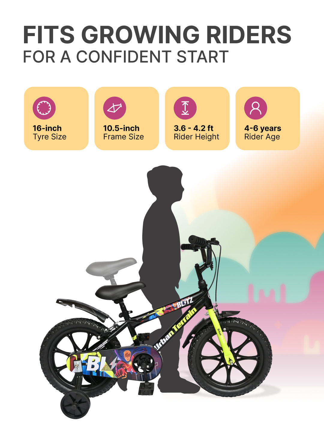 Urban Terrain Blitz Cycles 16T for Boys/Girls Kids Ages 4 to 6 Comes with Training Wheels (Black, Green)