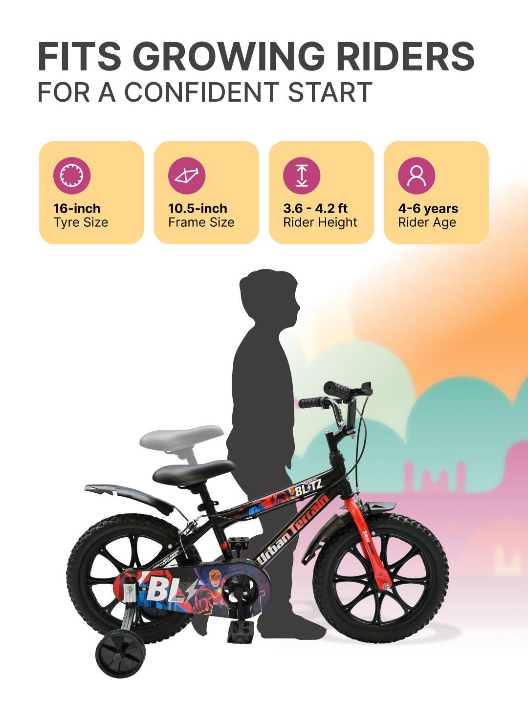 Urban Terrain Blitz Cycles 16T for Boys/Girls Kids Ages 4 to 6 Comes with Training Wheels (Black, Red)