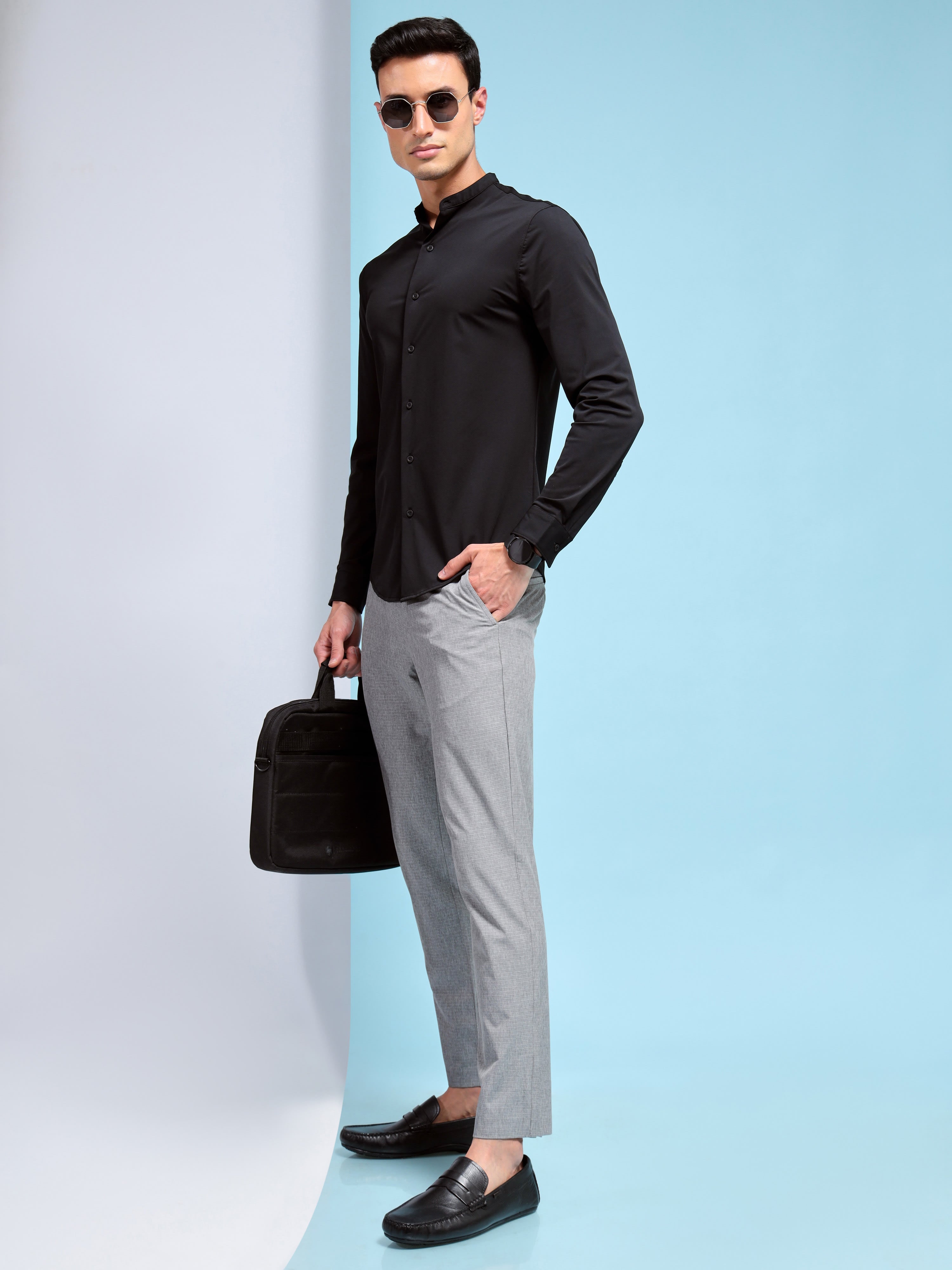 Slim Fit Band Collar Solid Shirt