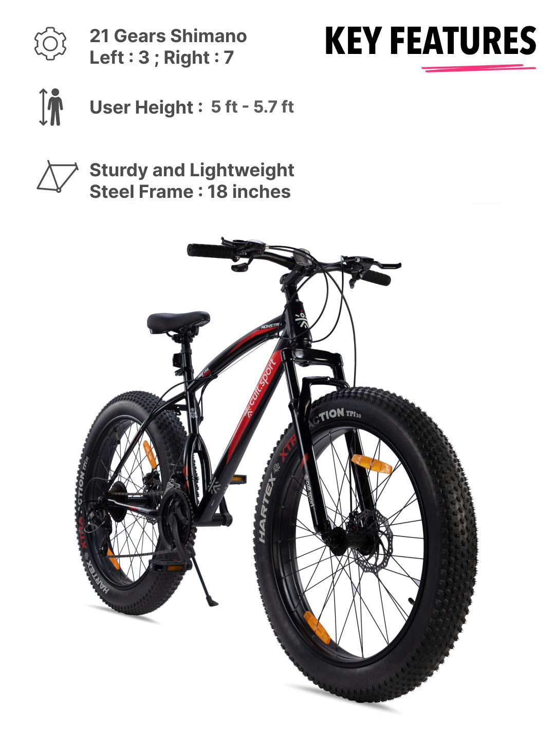 Monstro 26T Fat Bike – 21 Speed Shimano Gear, Front Suspension, Dual Disc Brake, Black