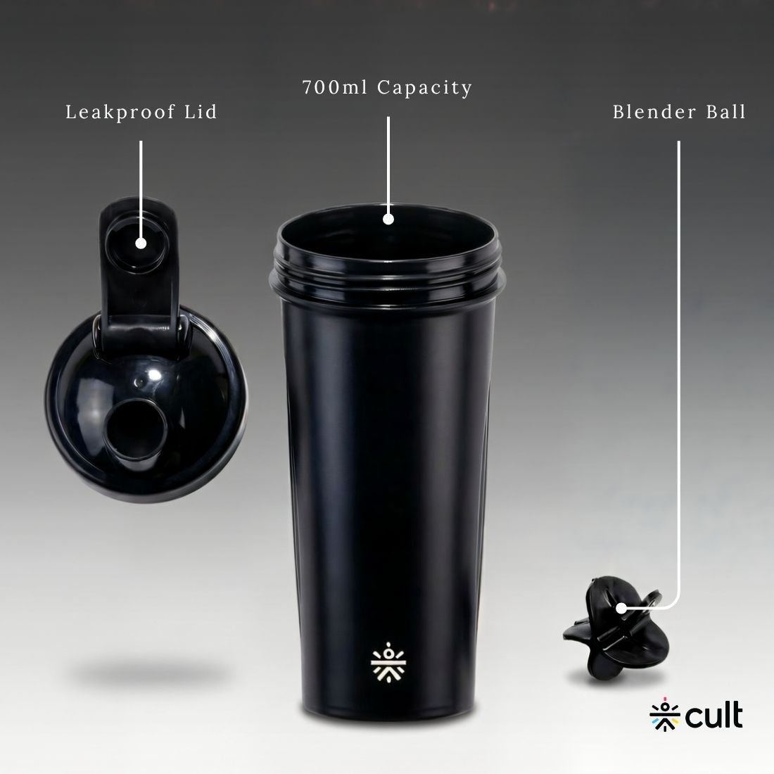 Cult 700ml Shaker Bottle with Blender Ball  Leakproof Protein & Fitness Shaker