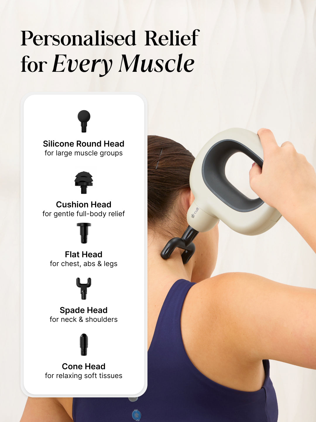 Cult Halo Premium Full Body Gun Massager with Multi-Grip Handle, 5 Massage Heads & 6 Adjustable Speeds, 3 hour battery, Cream