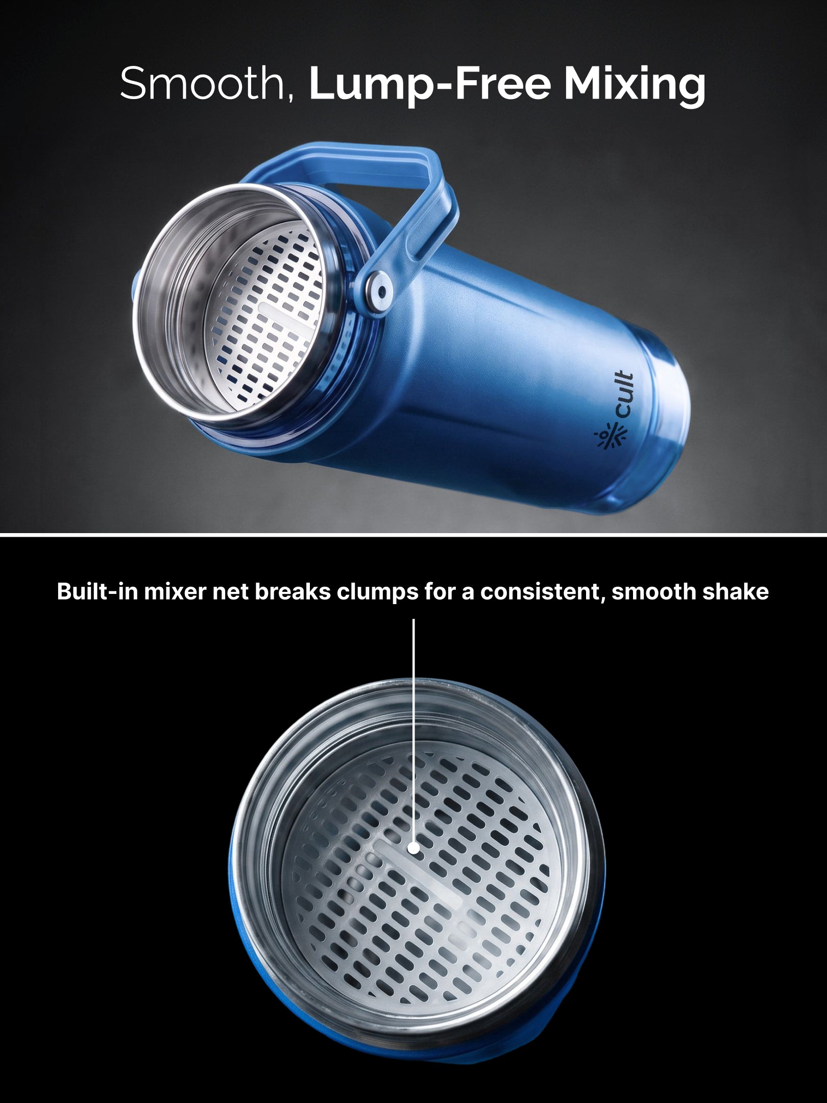 CULT Stainless Steel Gym Shaker 600ml | Leakproof Protein Mixer Bottle with Storage Container & Secure Lock Lid for Fitness & Travel (Royal Blue)
