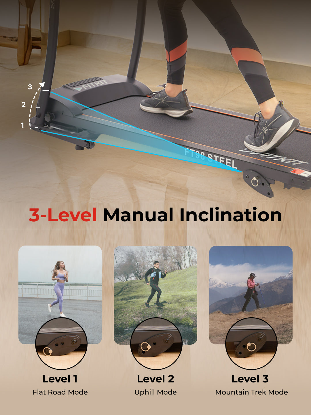 FT98Steel 3HP Treadmill | 3-Level Manual-Incline | Max Speed-12.8kmph | Max Weight-100kg (with 6 months extended warranty)