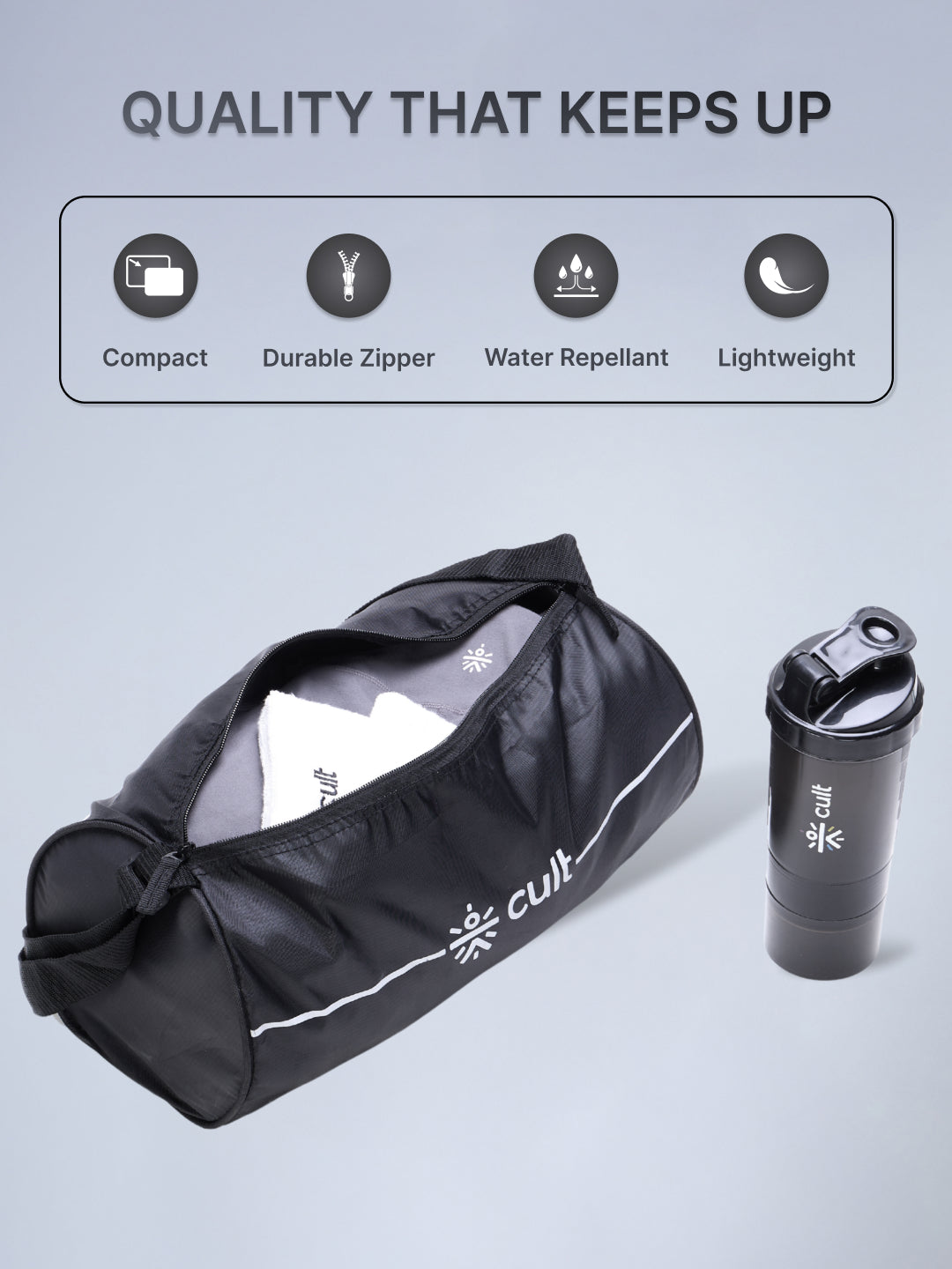 Compact 12L Gym Bag with Shoulder Strap & 600ml Shaker Bottle with Mixer Ball – Black