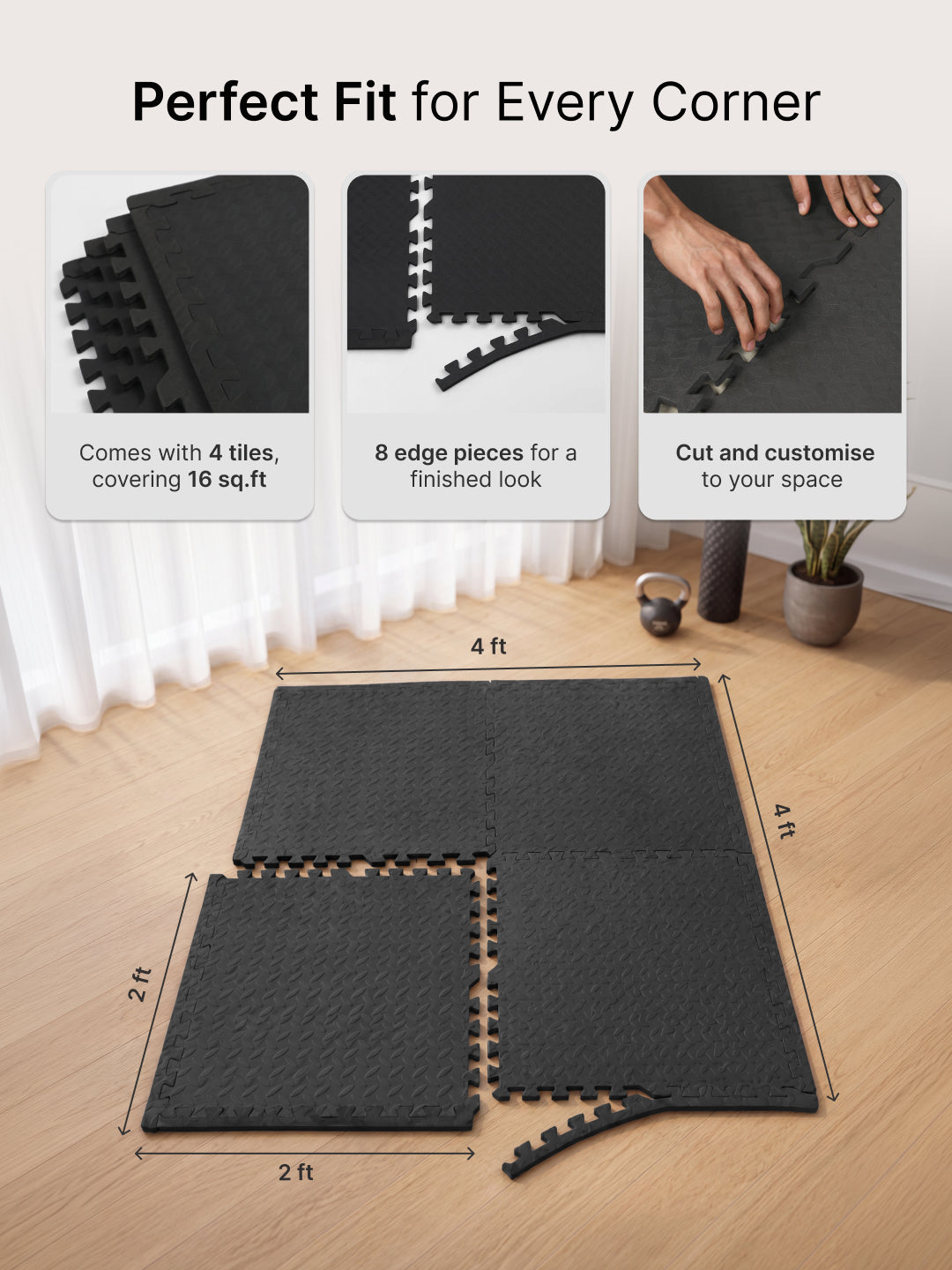cult Interlocking Workout Mat Tiles Shock-Absorbing, Anti-Slip, Protective Gym Flooring for Home & Fitness Equipment  Cushioned, Water-Resistant, Easy to Assemble  Black
