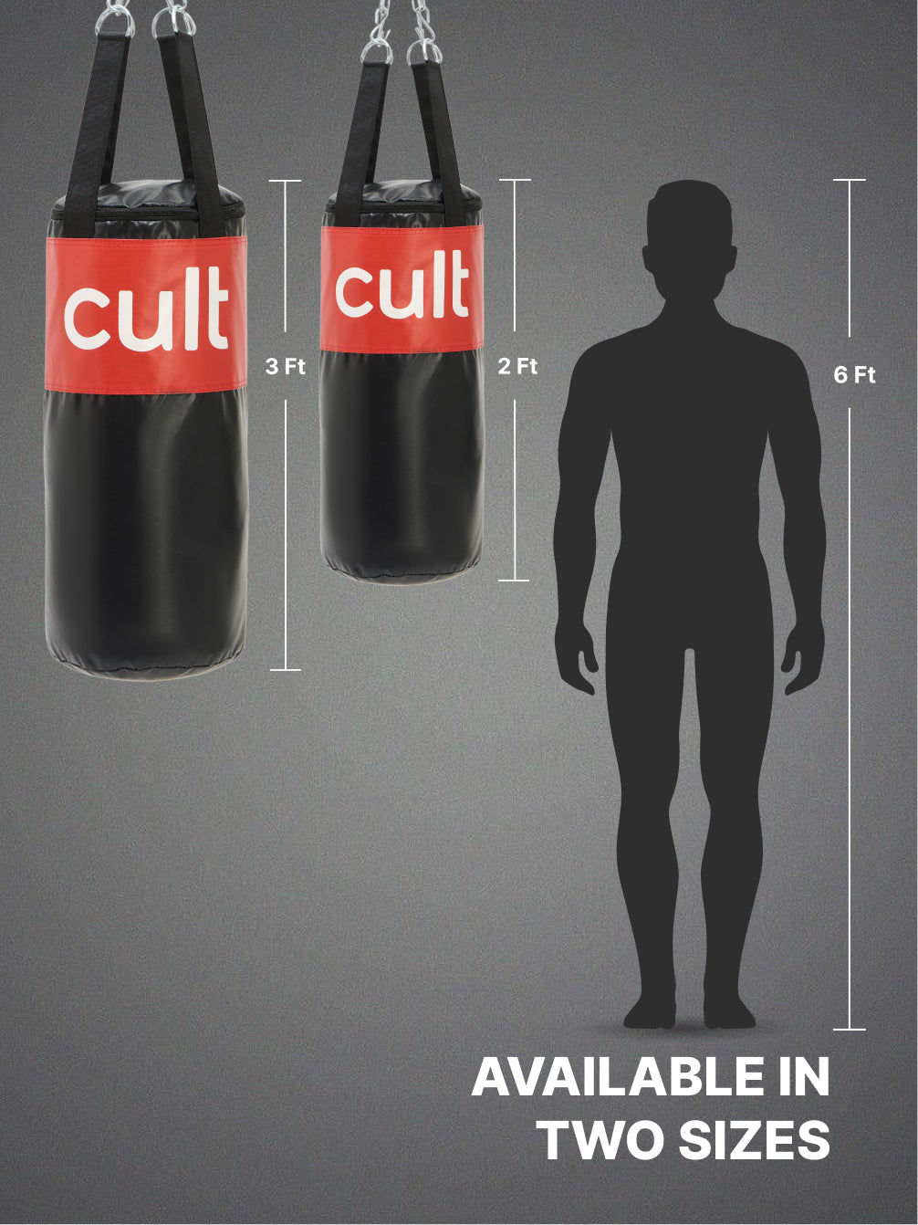 cult Punching Bag Black & Red 3ft Heavy Duty Punching Bag for Boxing, Kickboxing, MMA Training Reinforced Stitching Durable PU Leather Hanging Chain Included Unfilled Easy to Install For Home & Gym Use