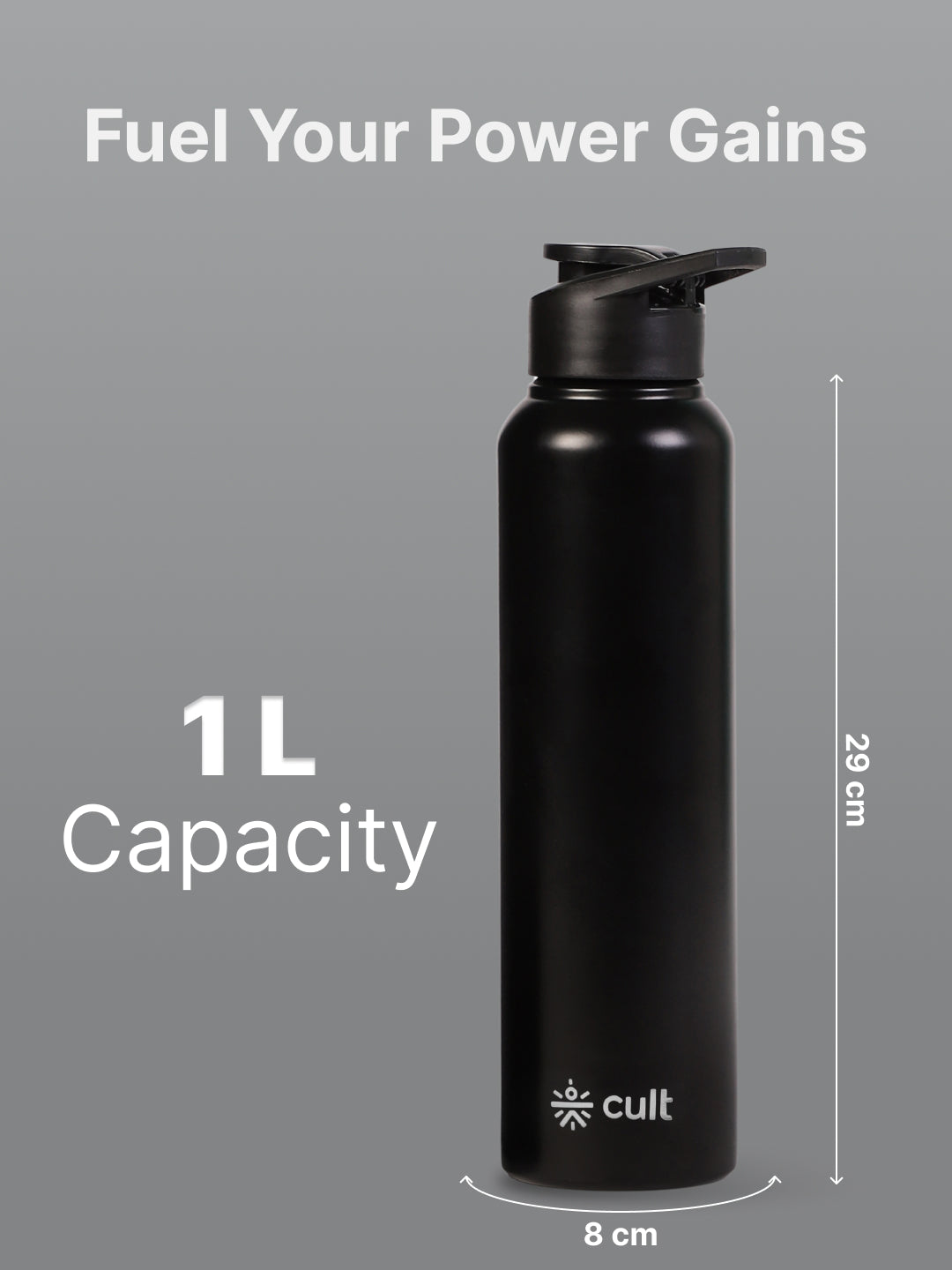 cult Steel Bottle 1Ltr With Sports Cap Black - 10 years of cult