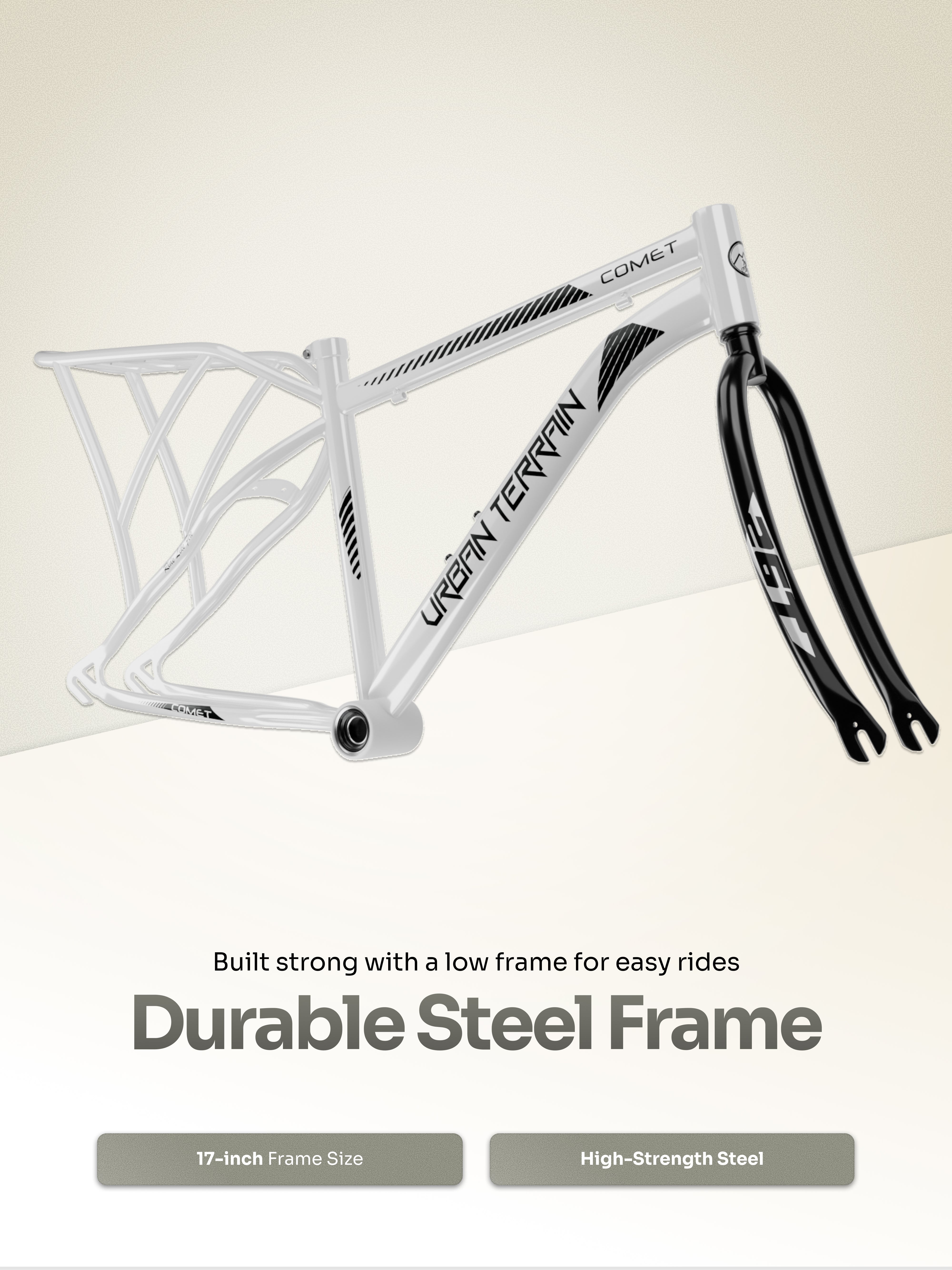 Urban Terrain Comet 26T Single Speed Steel Mountain Bike with Inbuilt Carrier (White)