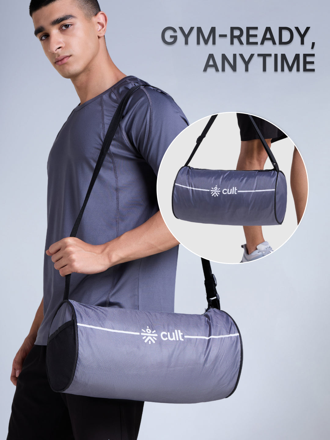 Compact 12L Gym Bag with Shoulder Strap Grey & 600ml Shaker Bottle with Mixer Ball Blue