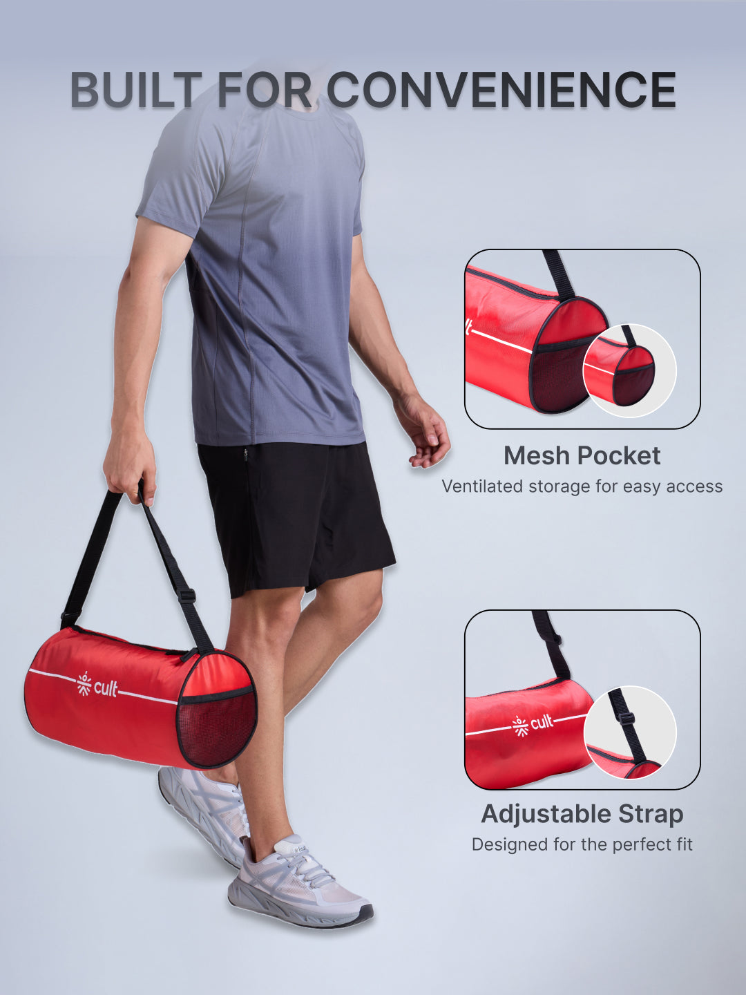 Compact 12L Gym Bag with Shoulder Strap Red & 500ml Shaker Bottle with Mixer Ball Black