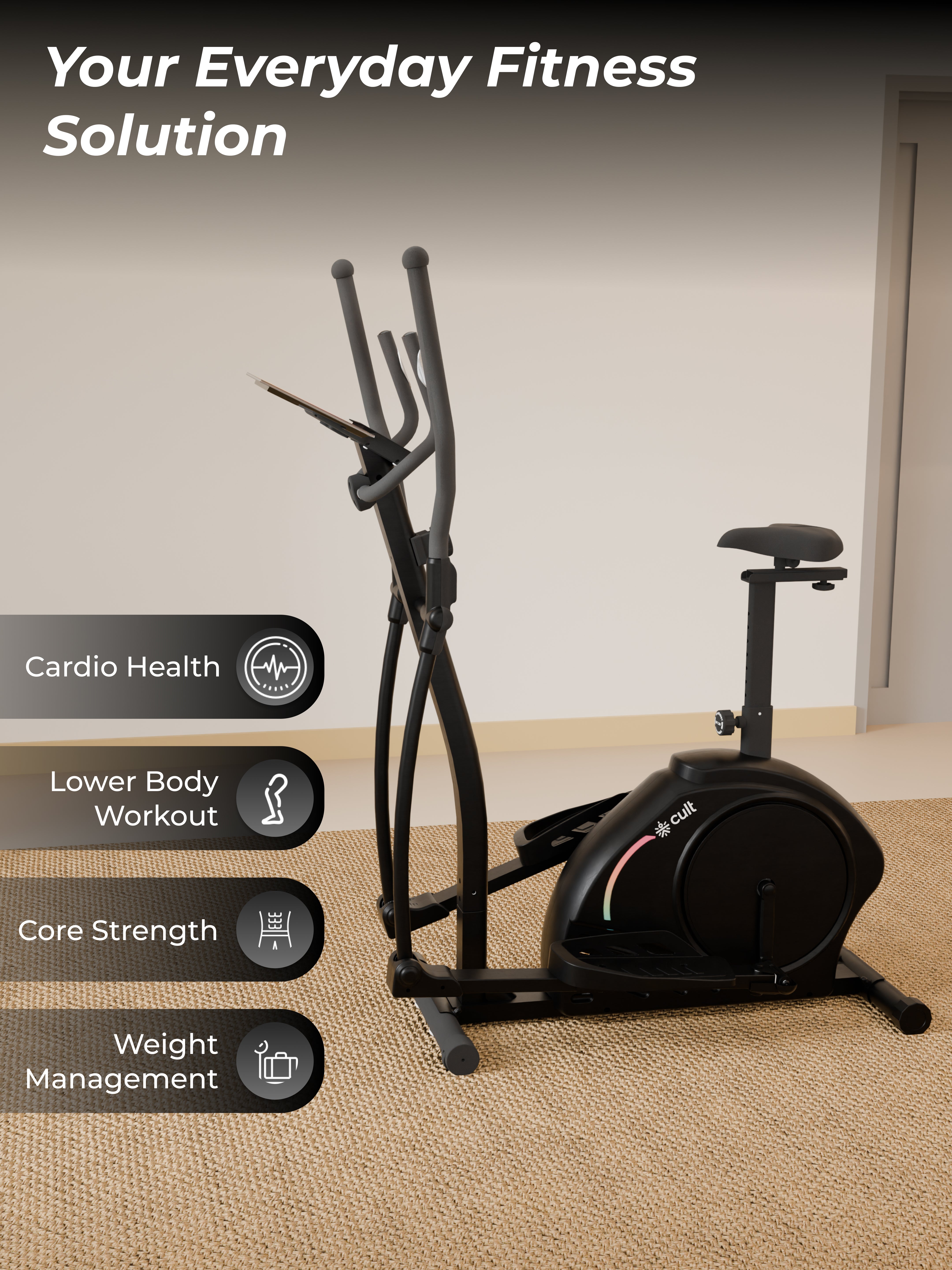 Cult SmartCrossPrime Magnetic Elliptical Trainer | 6Kg Flywheel | Max Weight: 140Kg | Home Use Cross Trainer - Black