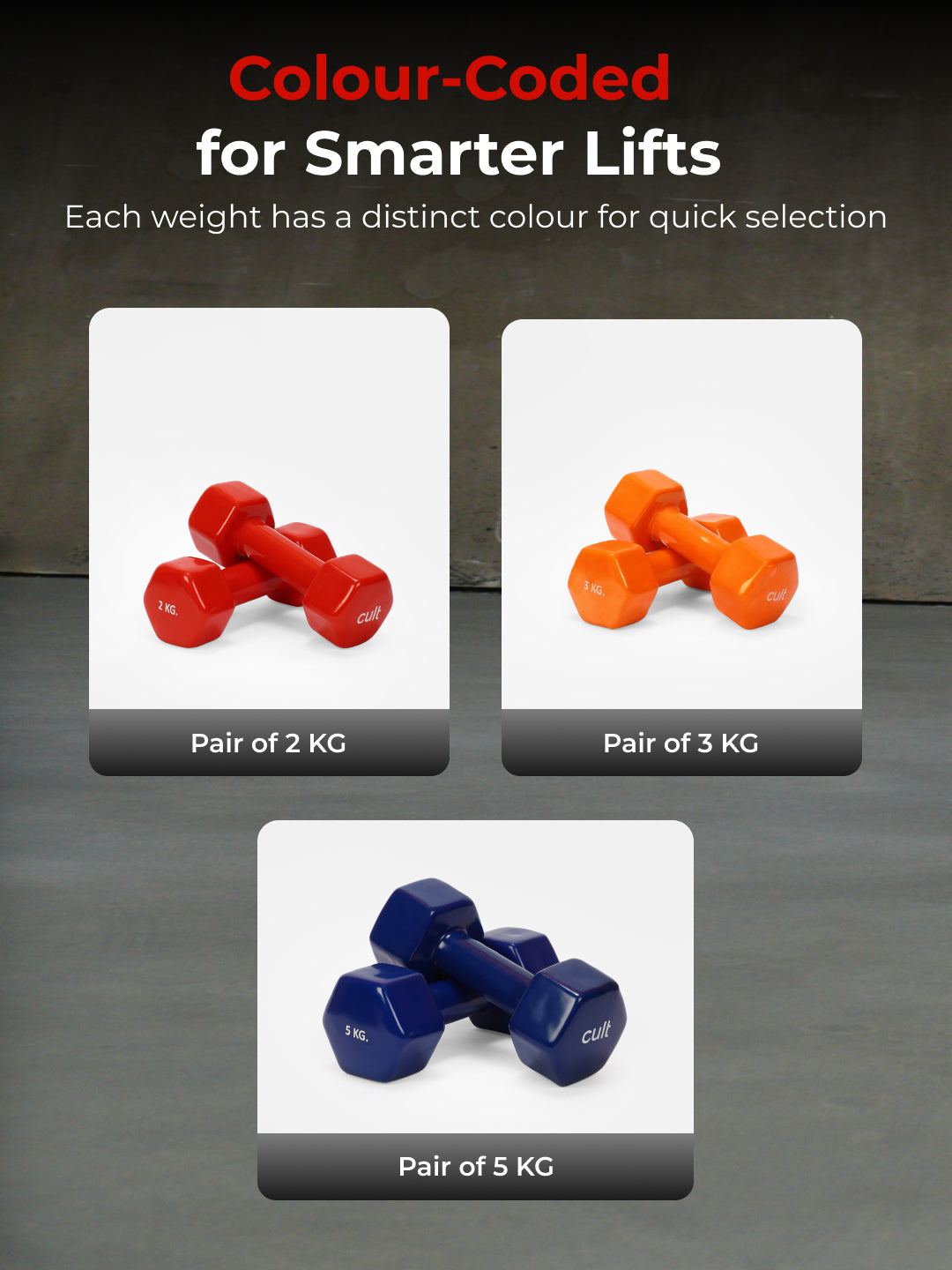 Cult Vinyl Dumbbells Combo for Home Gym Exercise (2kg + 3kg + 5kg Set) 20kg | Dumbbells with Rack