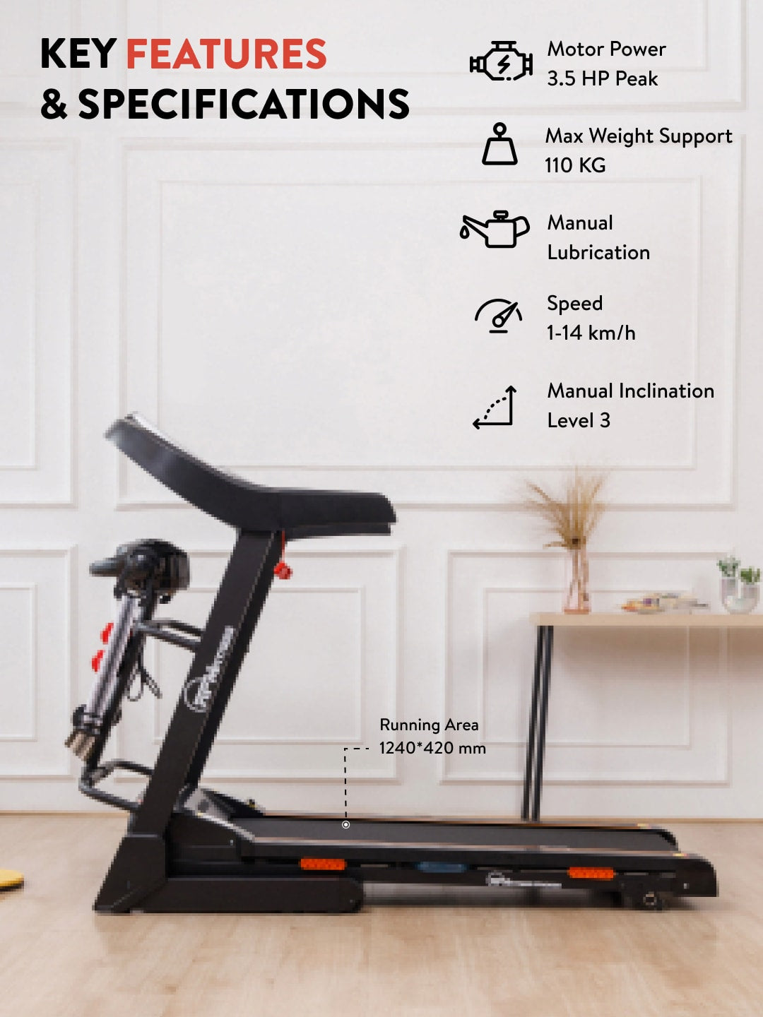 RPM3000 3.5HP DC Treadmill | 3-level Manual-Incline & Massager | Max Weight-110kg | Max Speed-14kmph (with 6 months extended warranty)