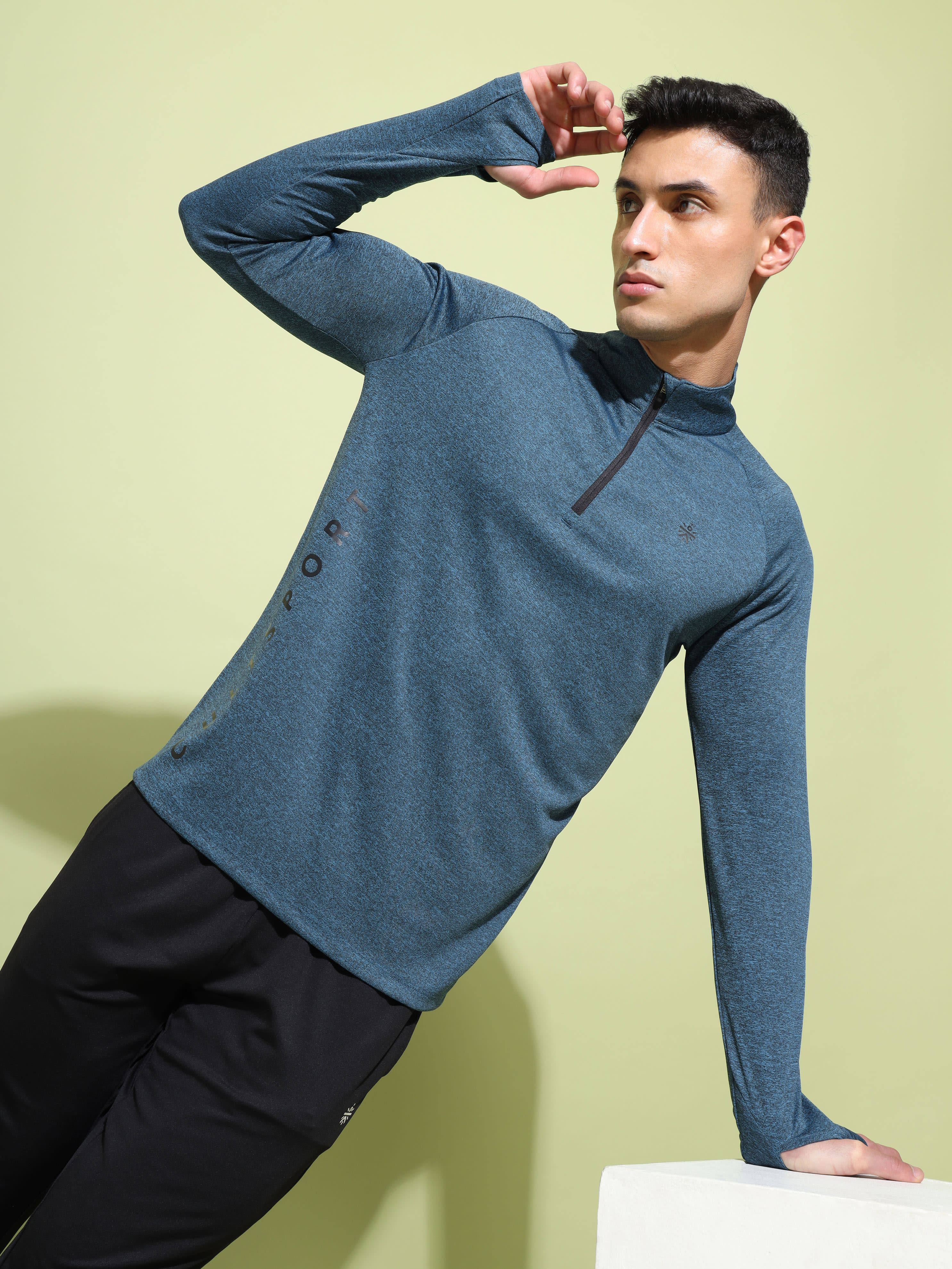 Melange High Neck T-shirt with Thumbholes