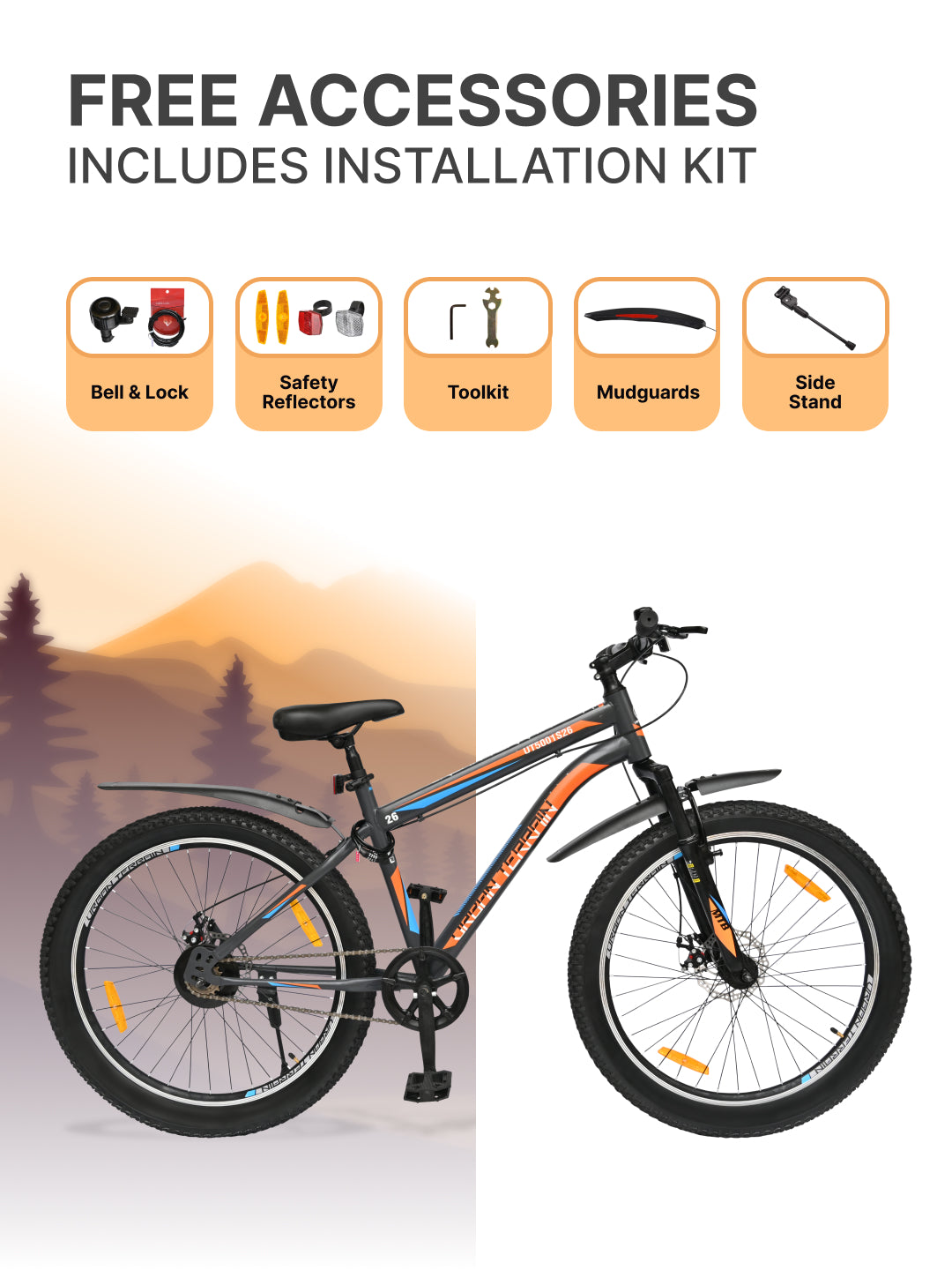 UT5001S26ACC Mountain Cycle Steel Single Speed 26 inch with Dual Disc Brakes, Front Suspension, Double Wall Alloy Rim, Bell & Lock, Black, Free Trainer Sessions, Cycling Event