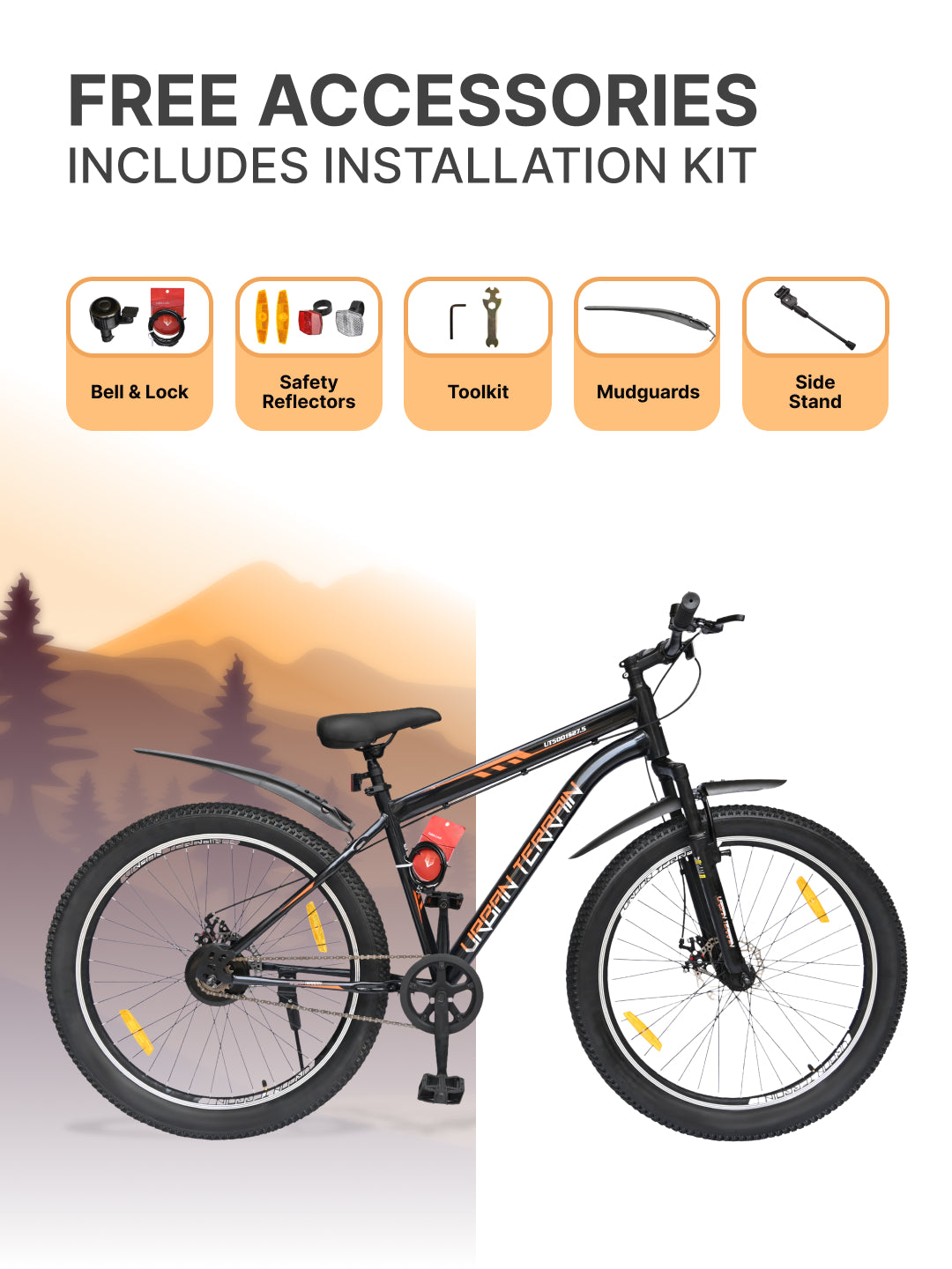 UT5001S27ACC Mountain Cycle Steel Single Speed 27.5 inch with Dual Disc Brakes, Front Suspension, Double Wall Alloy Rim, Bell & Lock, Black