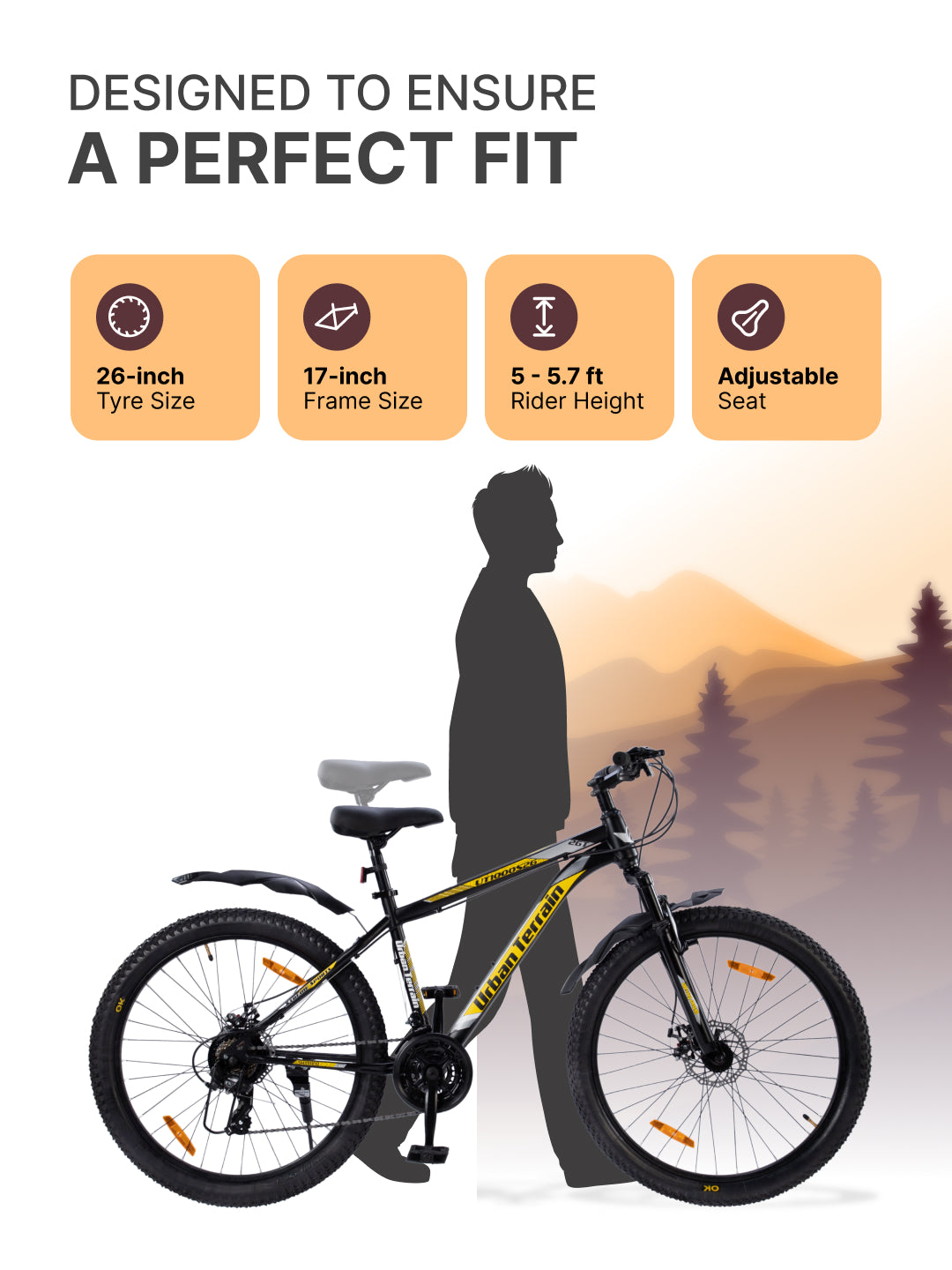 UT1000S26 Mountain Bike Steel 21 Speed Cycle Shimano Gear 26 inch, Yellow With Front Suspension, Single Wall Rim and Dual Disc Brakes Ideal For 5 ft to 5.7 ft