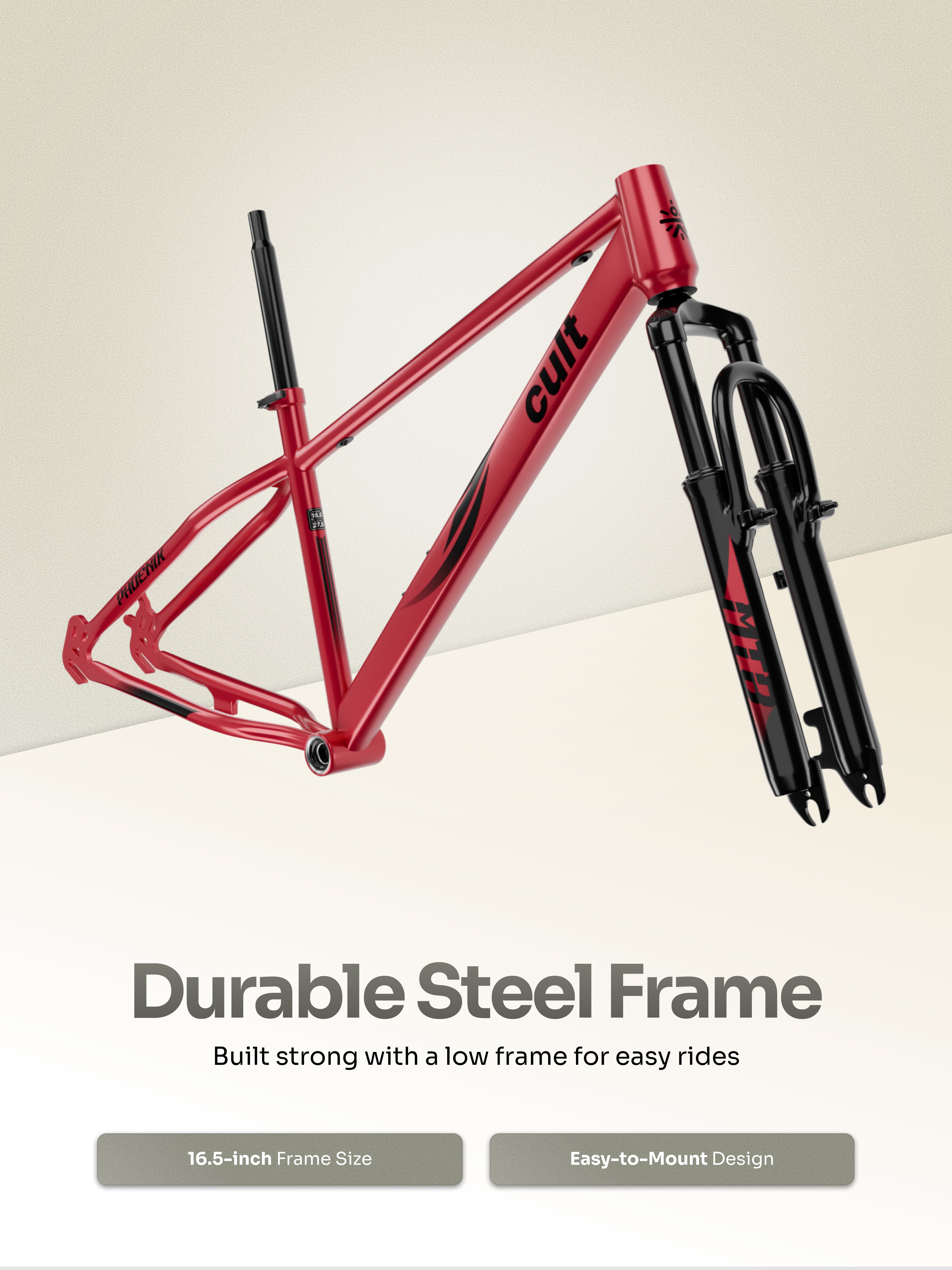 Cult Phoenix 29T Steel Mountain Bike with Dual Disc Brake and Front Suspension, Red