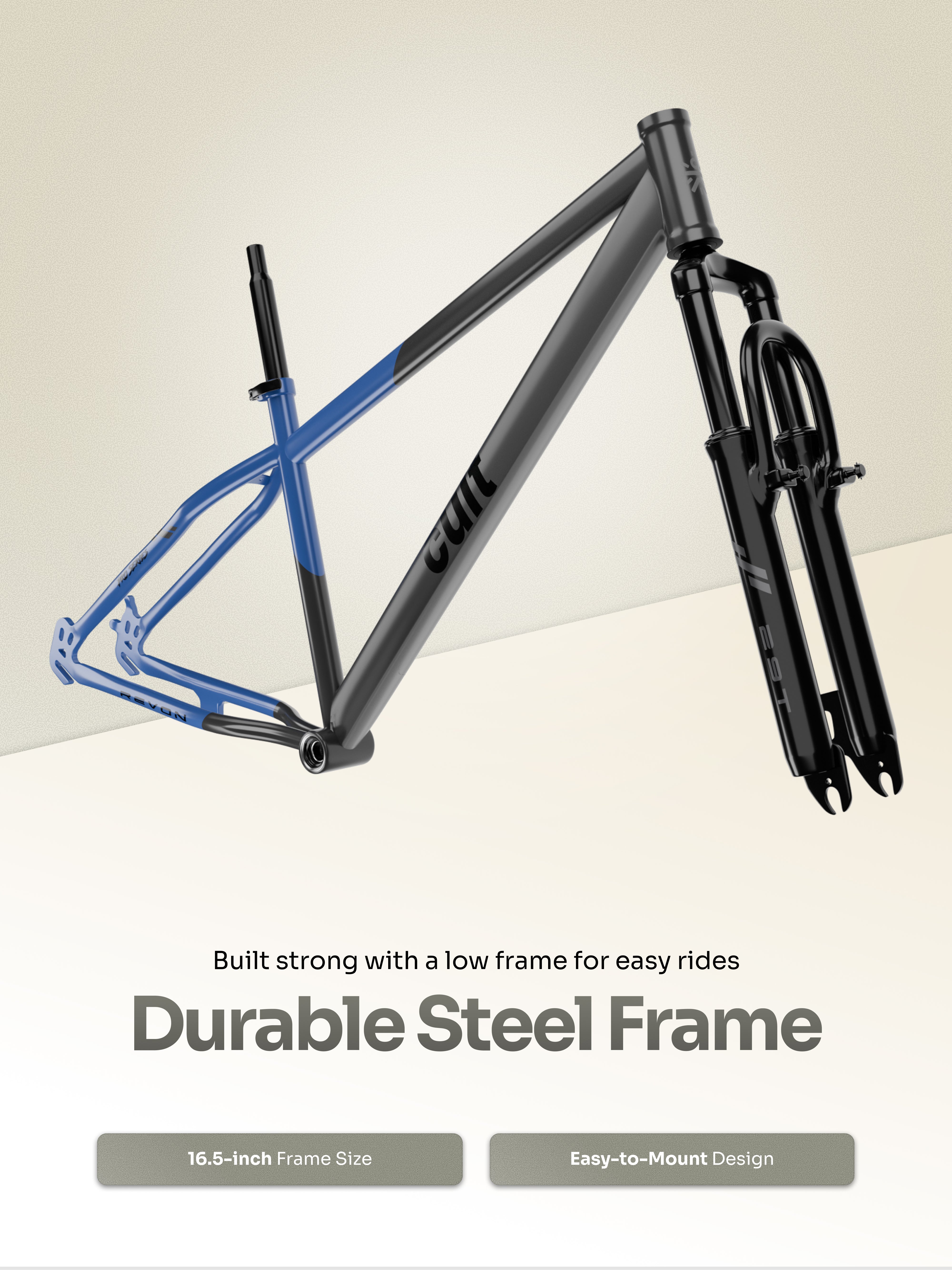 Cult Revon 29T Steel Mountain Bike with Dual Disc Brake and Front Suspension, Blue-Grey