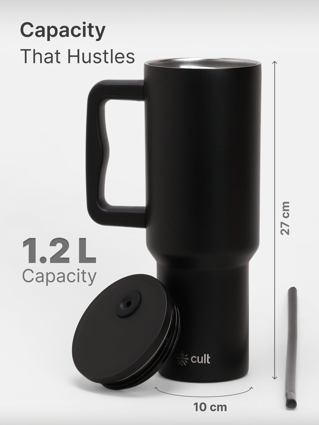 cult Steel Tumbler Double Vaccum Insulated for Hot and Cold 1200 ml Unisex Black with Straw