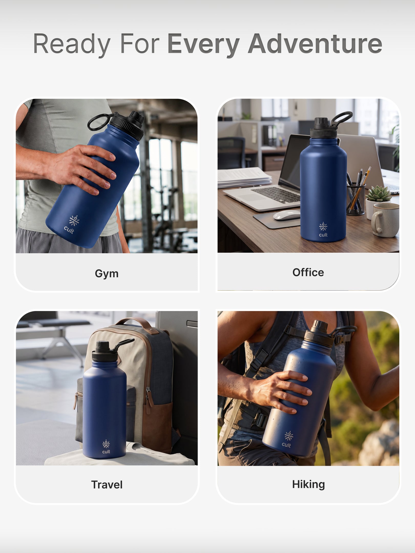 CULT 2 Litre Stainless Steel Water Bottle – 2000ml Leakproof Gym Hydration Jug with Sports Cap - Blue
