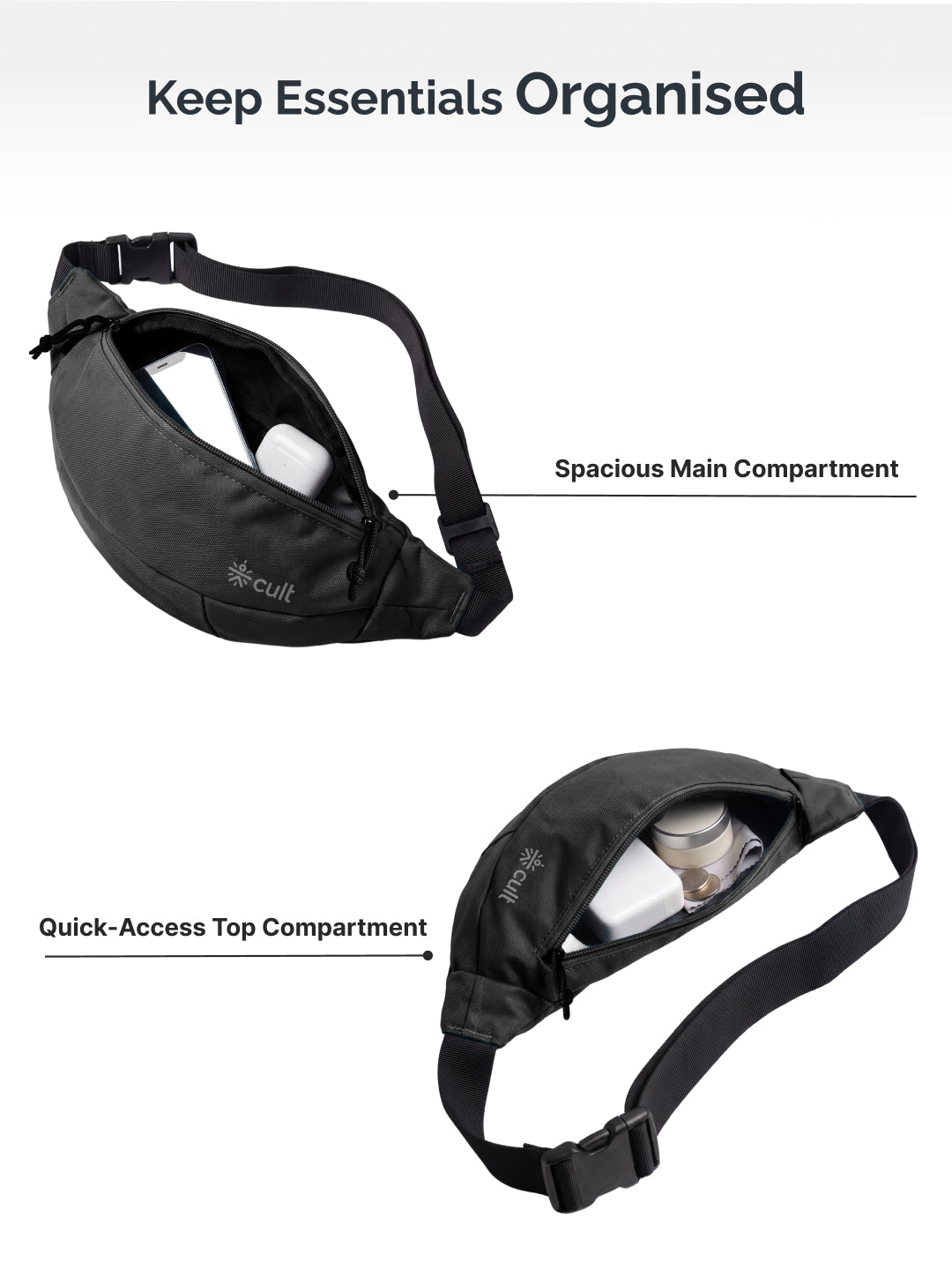Cult Waist Bag for Men & Women, Compact Fanny Pack with Dual Compartments, Adjustable Strap, Water-Repellent Travel, Running & Everyday Carry Bag – Black