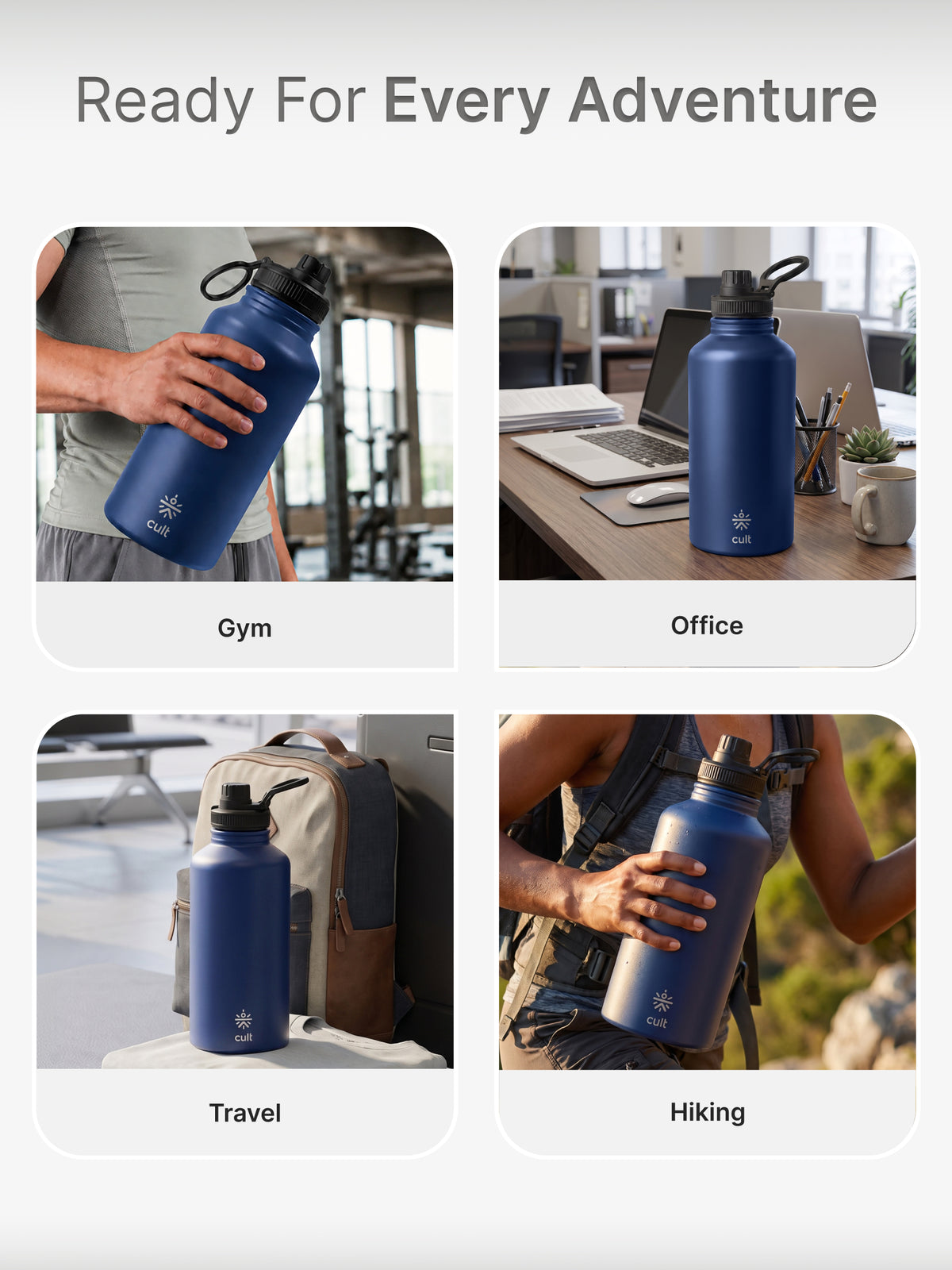 CULT 2 Litre Stainless Steel Water Bottle – 2000ml Leakproof Gym Hydration Jug with Sports Cap - Blue