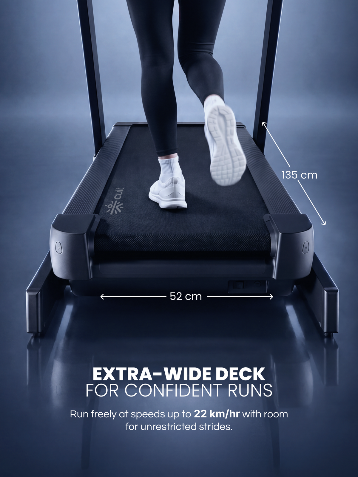 Cult Optima Motorized Treadmill | 48 Levels Incline & 6 Level Decline| Max Speed - 22 km/hr | Max Weight - 150kgs | Shock Absorption for Knee Protection | LED Touchscreen | Wireless Charging | Black