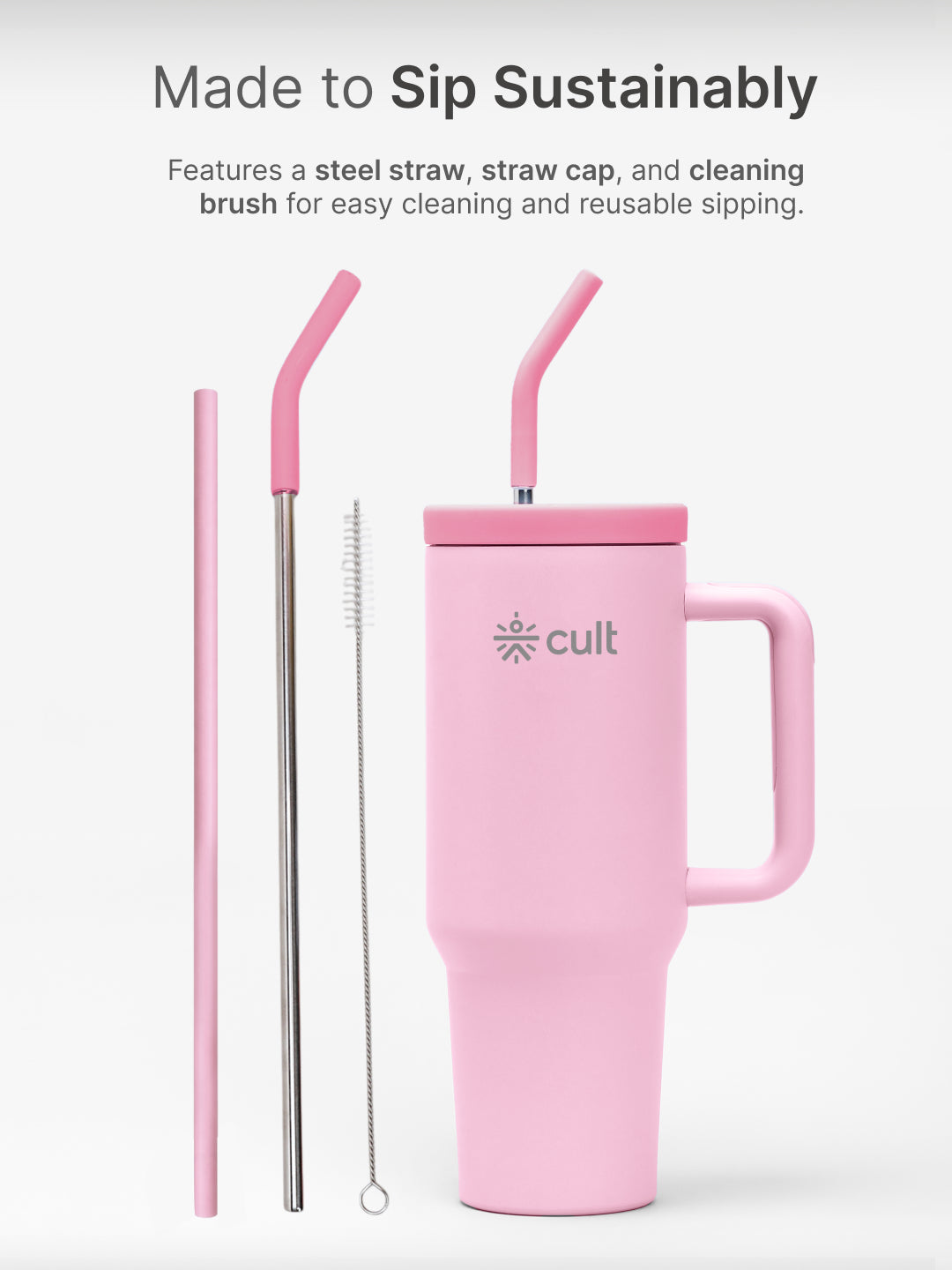 cult Tumbler 1200ML Steel Straw with Straw Cap and Cleaner Unisex Pink
