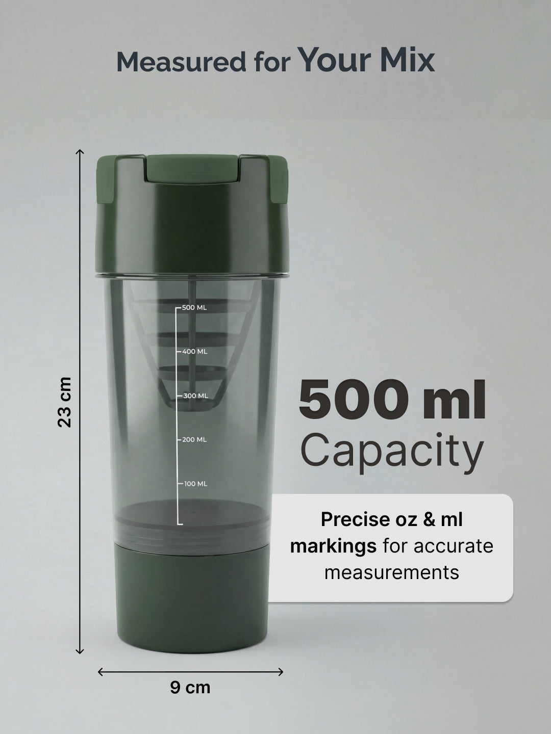 CULT Cyclon Shaker Bottle 500 ml, Durable Leak-Proof Multipurpose Shaker for Protein & Daily Use Army Green