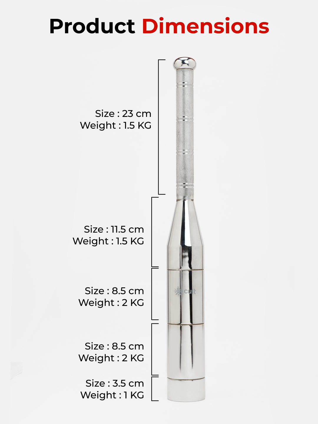 Cult 6-in-1 Adjustable Steel 8KG Mudgar for Full Body Training | Silver Indian Clubs (8 kg)