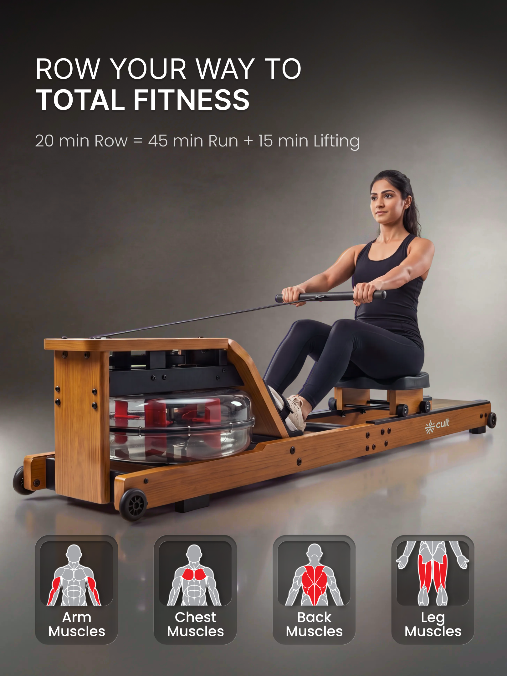 Cult Smart Water Rowing Machine for Home Gym | Dual Resistance | 32-Level Magnetic Resistance | Foldable Wooden Rowing Machine | 120 kg Capacity | Compact & Foldable Design